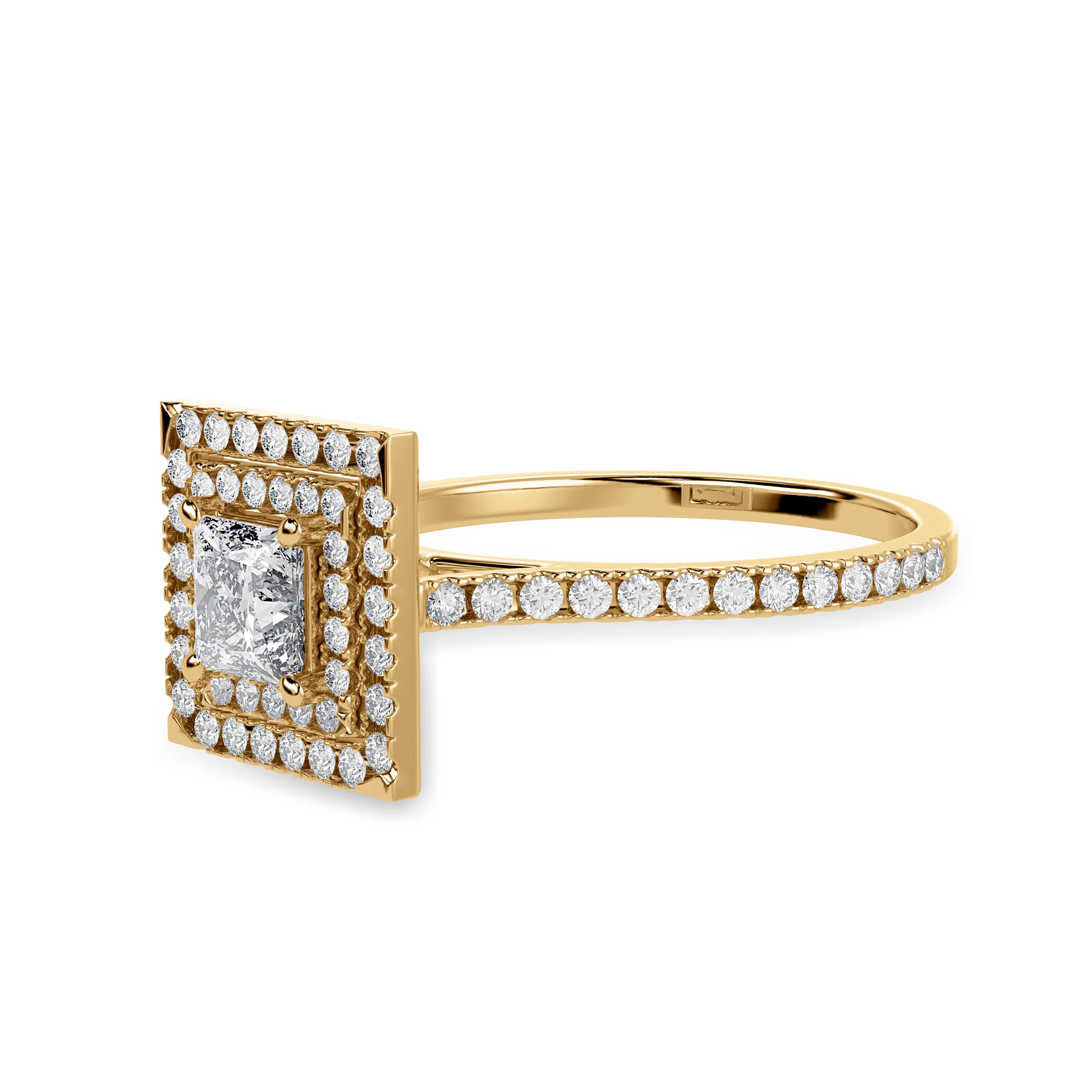 1-Carat Princess Cut Solitaire Double Halo Diamond Shank 18K Yellow Gold Ring JL AU 1301Y-C