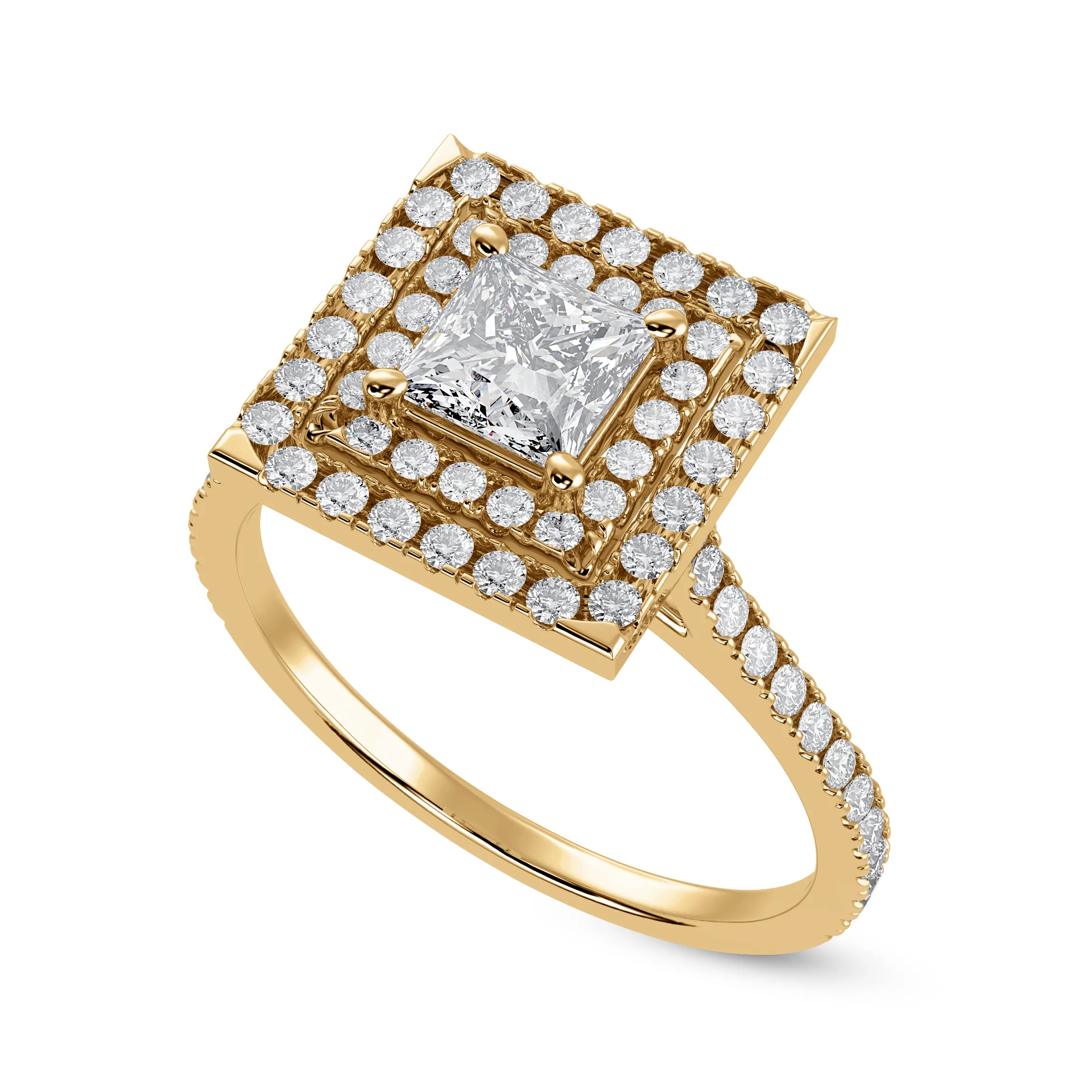 1-Carat Princess Cut Solitaire Double Halo Diamond Shank 18K Yellow Gold Ring JL AU 1301Y-C