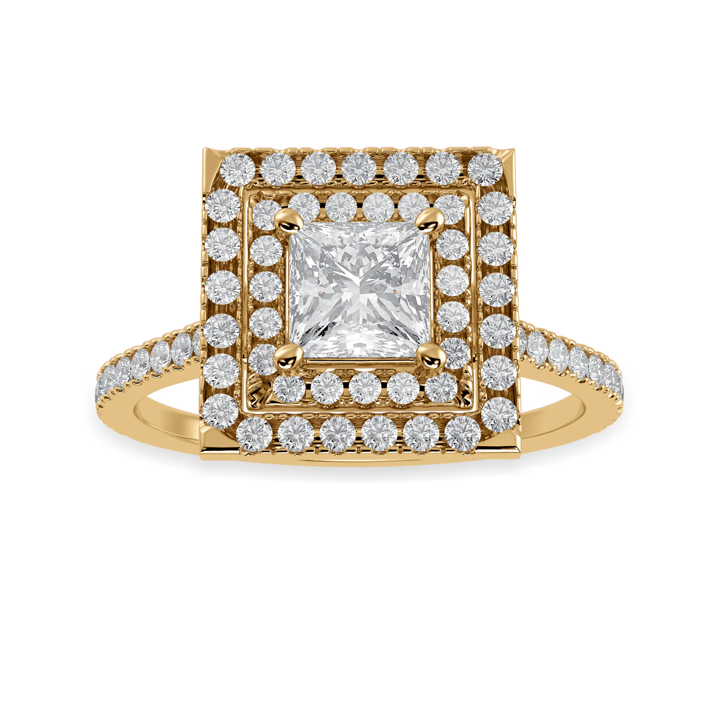1-Carat Princess Cut Solitaire Double Halo Diamond Shank 18K Yellow Gold Ring JL AU 1301Y-C