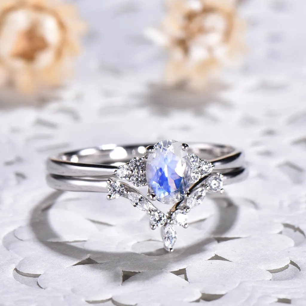 1 Carat Rainbow Moonstone Engagement Ring Set Cluster Dimaond/Moissanite Curve Band Art Deco  2pcs