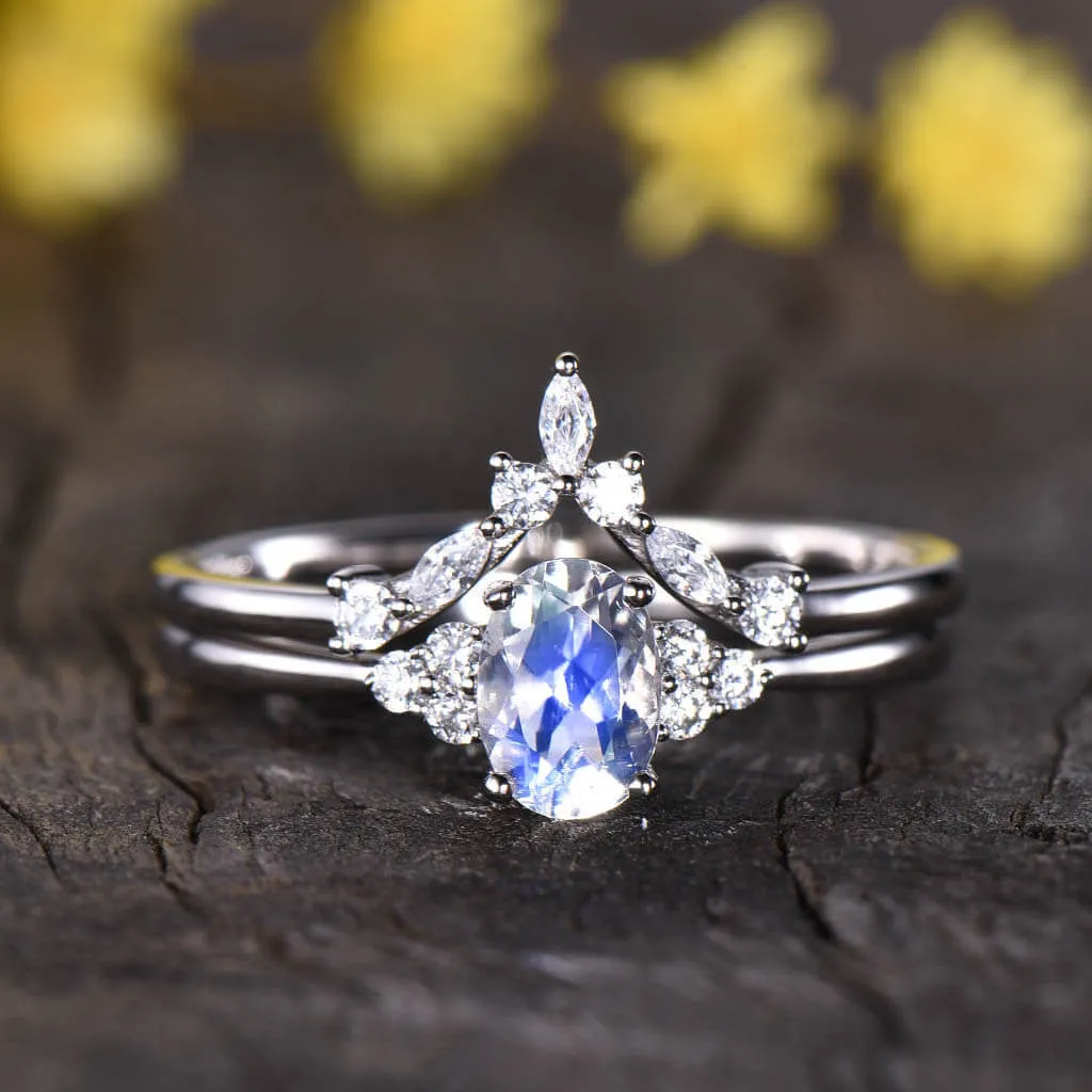 1 Carat Rainbow Moonstone Engagement Ring Set Cluster Dimaond/Moissanite Curve Band Art Deco  2pcs