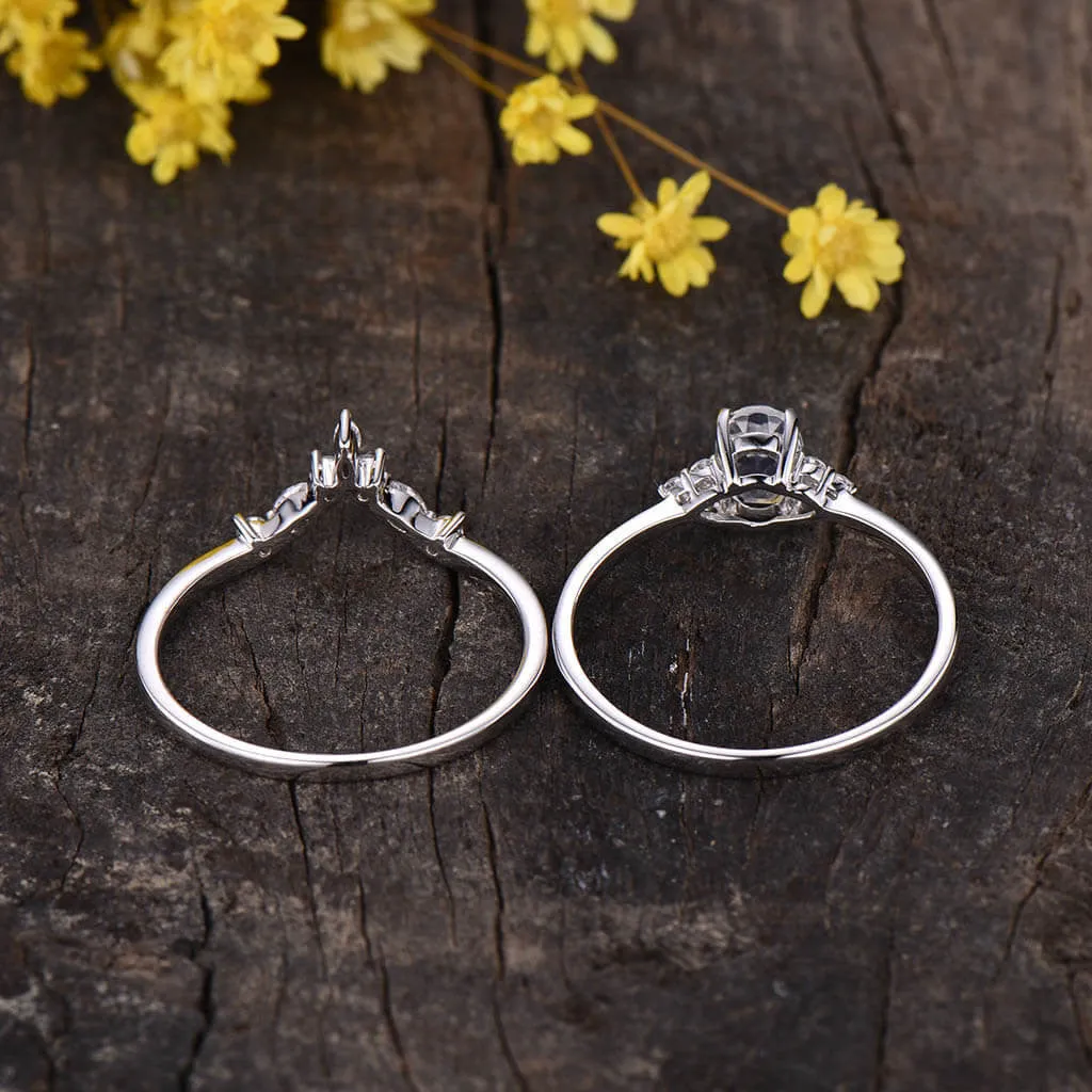 1 Carat Rainbow Moonstone Engagement Ring Set Cluster Dimaond/Moissanite Curve Band Art Deco  2pcs