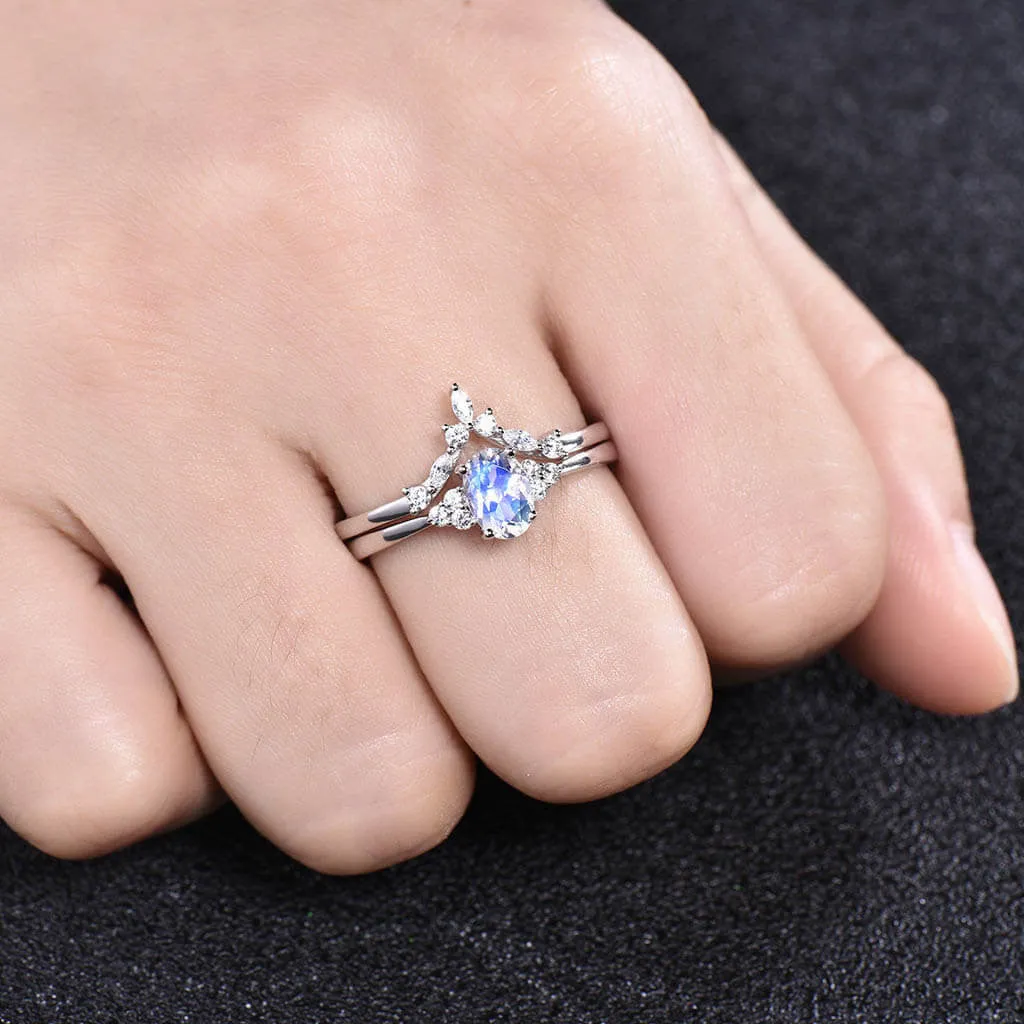 1 Carat Rainbow Moonstone Engagement Ring Set Cluster Dimaond/Moissanite Curve Band Art Deco  2pcs