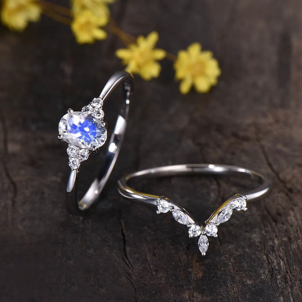 1 Carat Rainbow Moonstone Engagement Ring Set Cluster Dimaond/Moissanite Curve Band Art Deco  2pcs