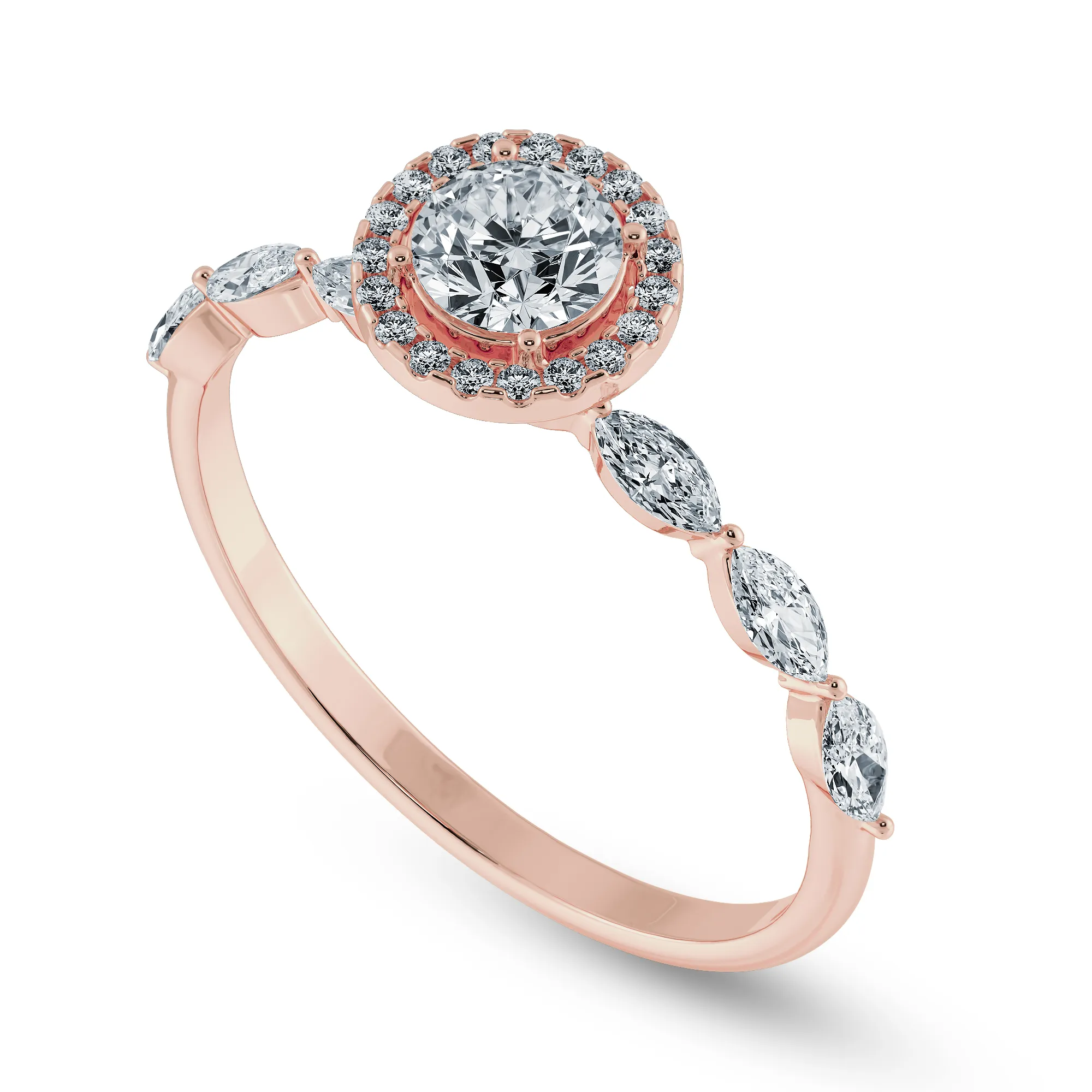 1-Carat Solitaire Halo Diamond with Marquise Cut Diamond Accents 18K Rose Gold Ring JL AU 1278R-C