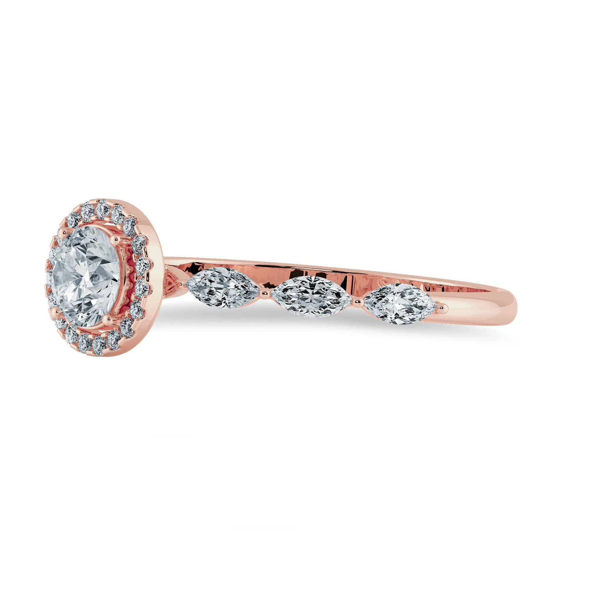 1-Carat Solitaire Halo Diamond with Marquise Cut Diamond Accents 18K Rose Gold Ring JL AU 1278R-C