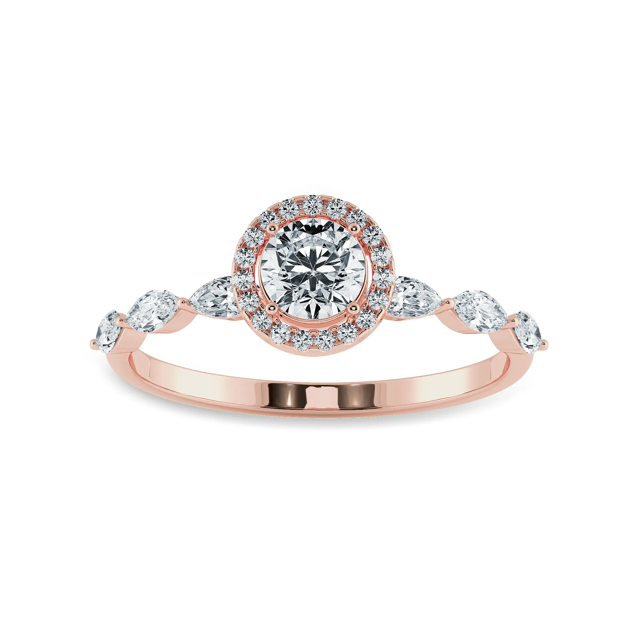 1-Carat Solitaire Halo Diamond with Marquise Cut Diamond Accents 18K Rose Gold Ring JL AU 1278R-C