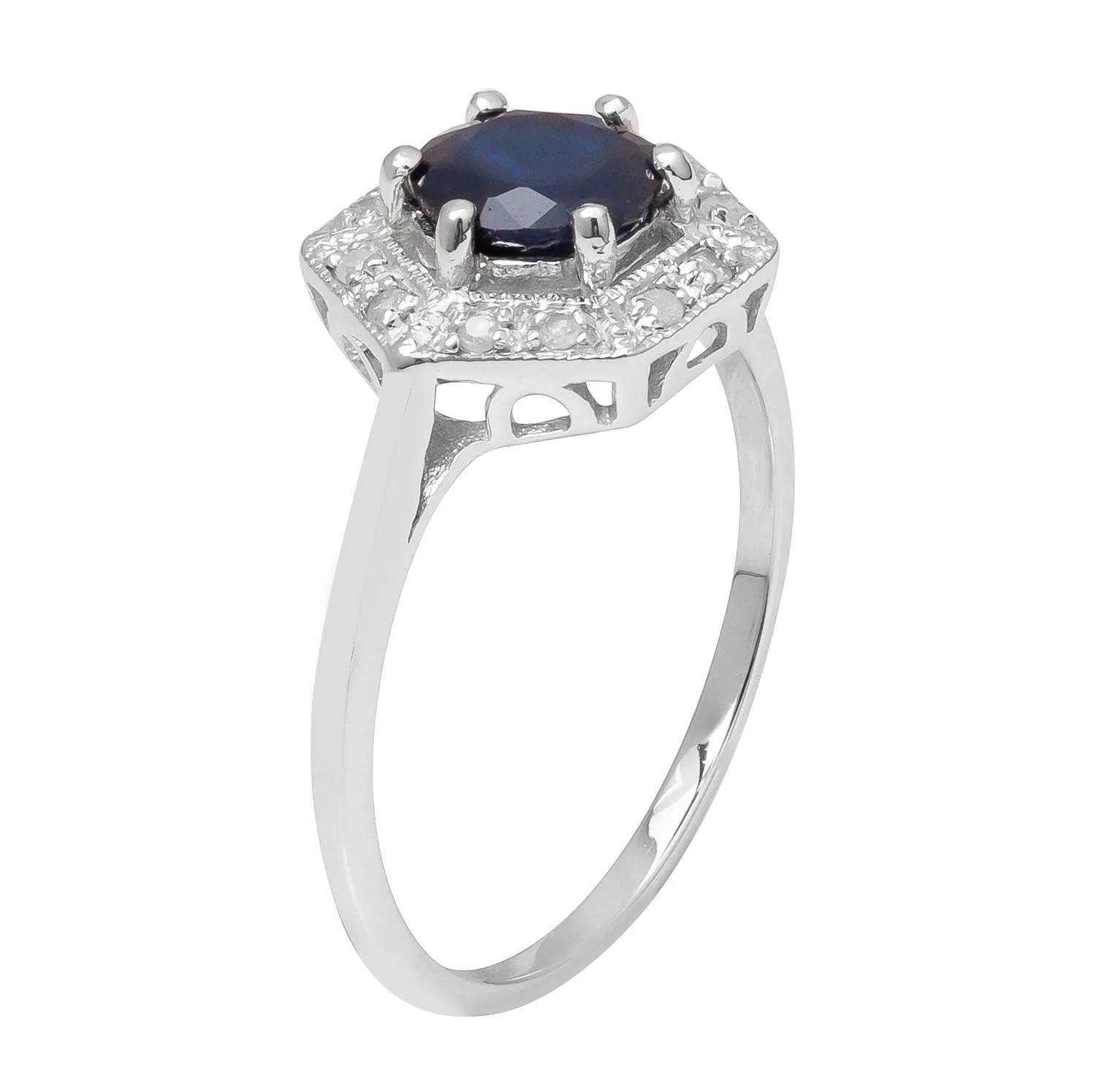 10k White Gold Vintage Style Genuine Round Sapphire and Diamond Halo Ring 2