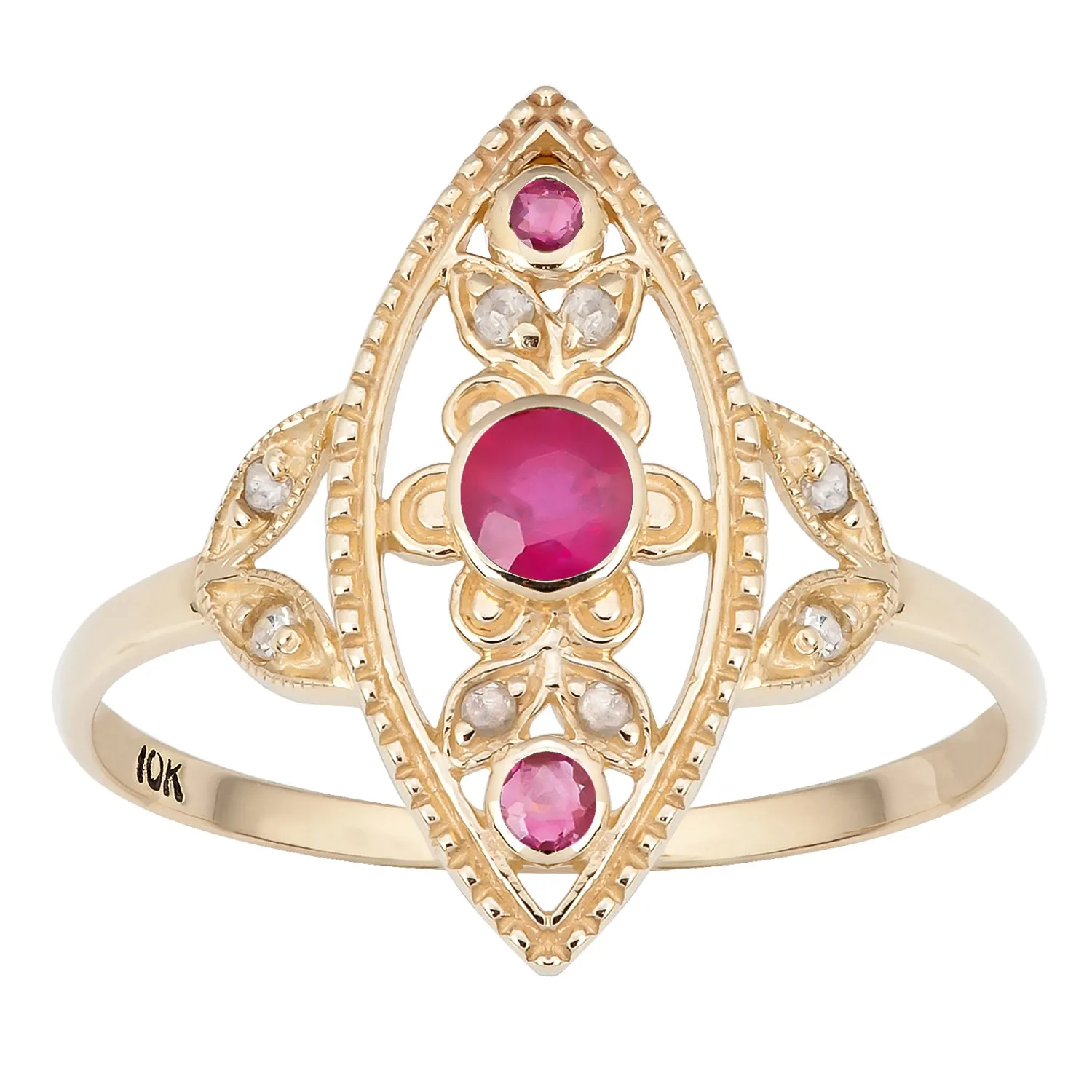 10k Yellow Gold Antique Style Genuine Round Ruby and Diamond Ring