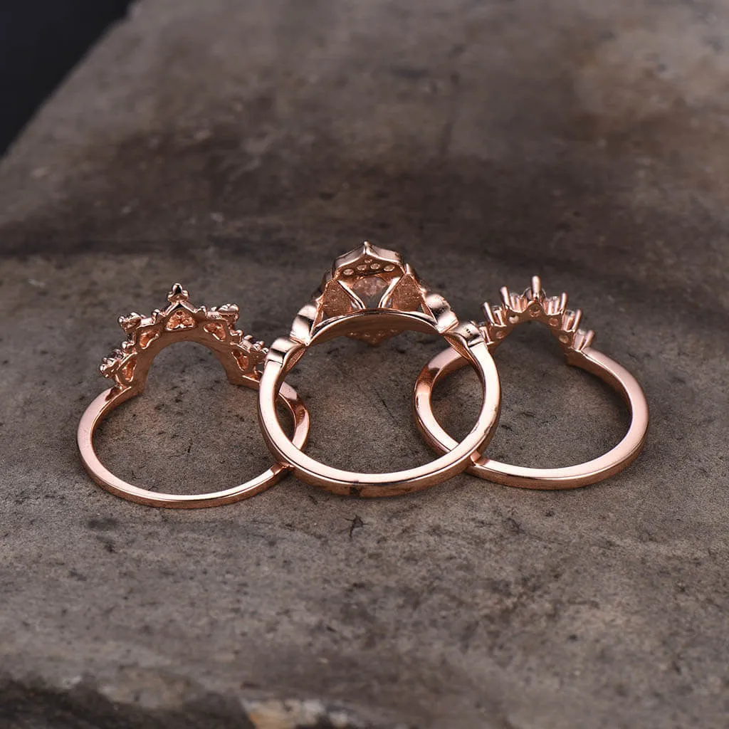14K/18K Rose Gold Rainbow Milgrain Moonstone Diamond Unique 3 Piece Bridal Set