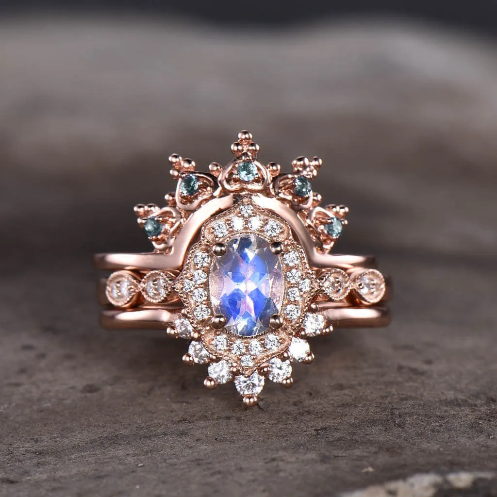 14K/18K Rose Gold Rainbow Milgrain Moonstone Diamond Unique 3 Piece Bridal Set