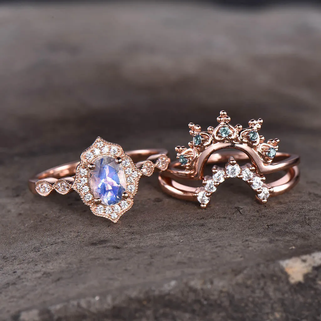 14K/18K Rose Gold Rainbow Milgrain Moonstone Diamond Unique 3 Piece Bridal Set
