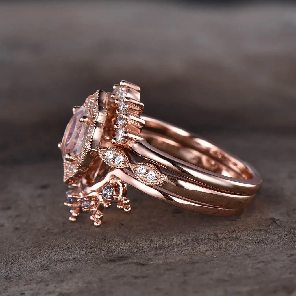 14K/18K Rose Gold Rainbow Milgrain Moonstone Diamond Unique 3 Piece Bridal Set