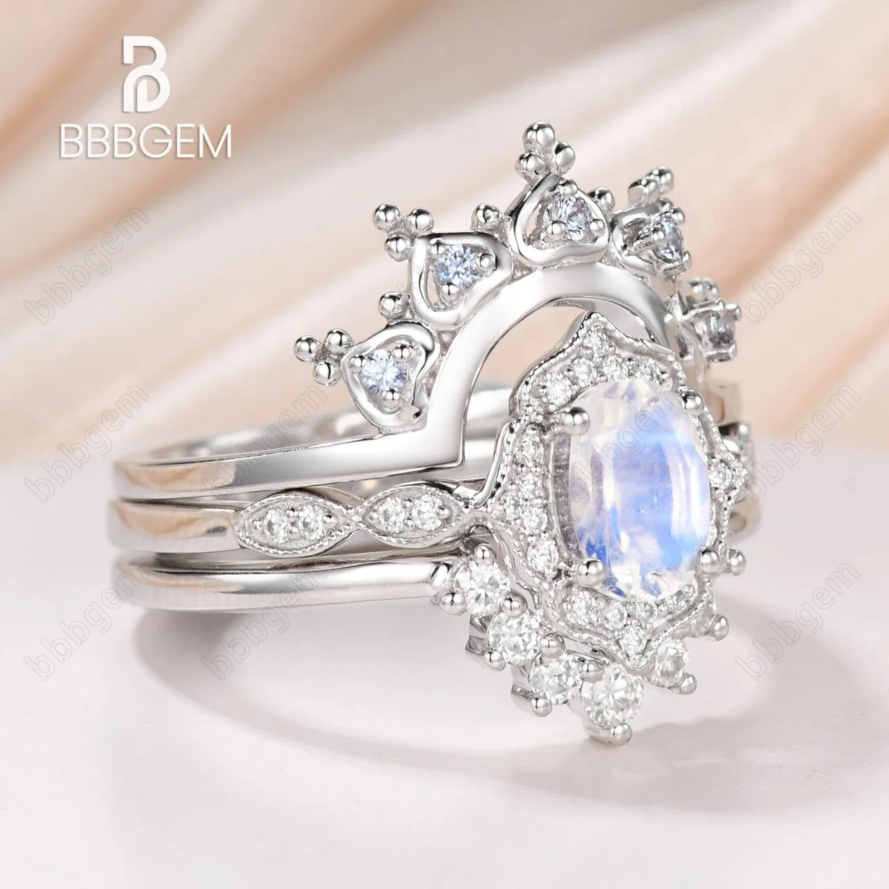 14K/18K Rose Gold Rainbow Milgrain Moonstone Diamond Unique 3 Piece Bridal Set