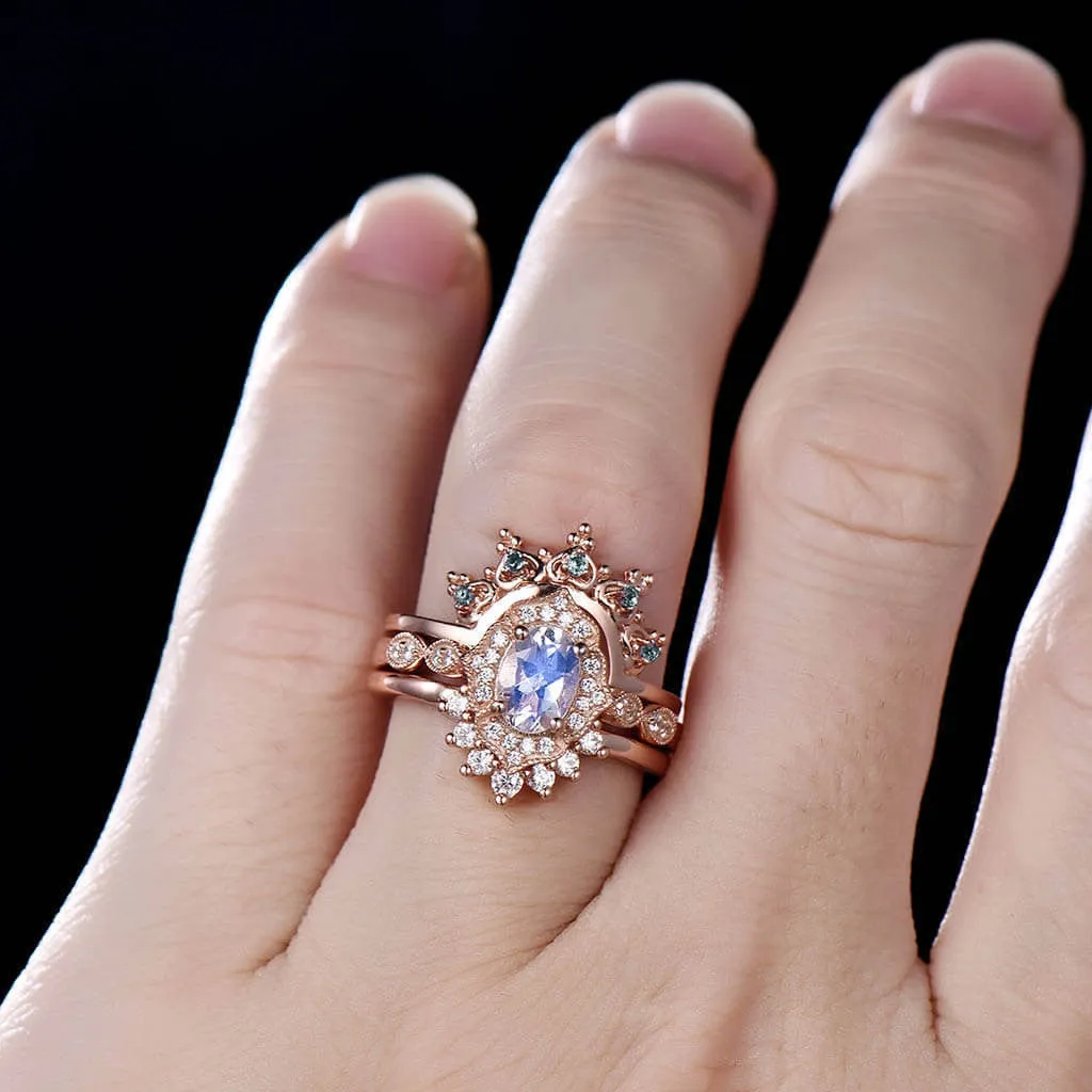 14K/18K Rose Gold Rainbow Milgrain Moonstone Diamond Unique 3 Piece Bridal Set