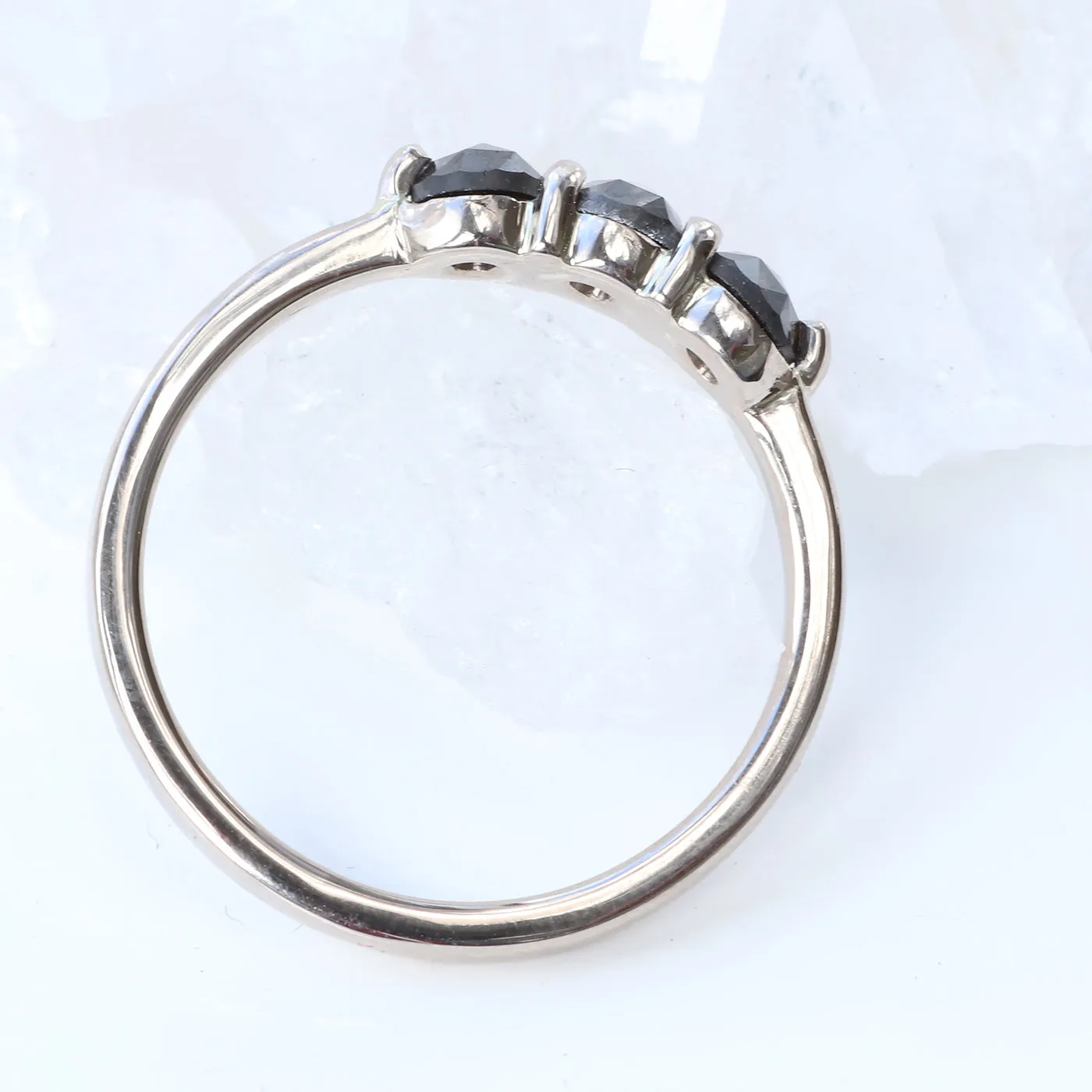 18ct White Gold Rose Cut Black Diamond Trilogy Ring