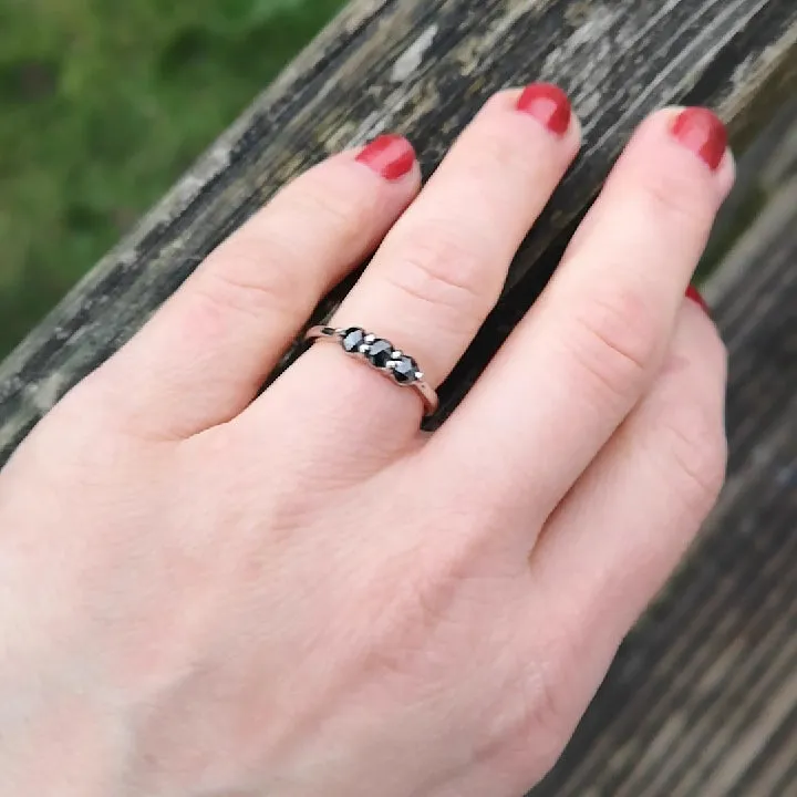 18ct White Gold Rose Cut Black Diamond Trilogy Ring