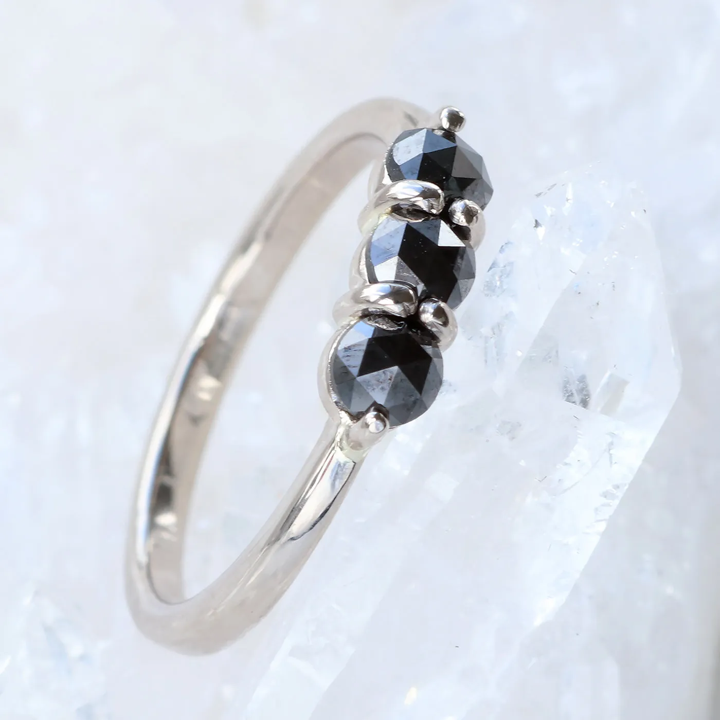 18ct White Gold Rose Cut Black Diamond Trilogy Ring