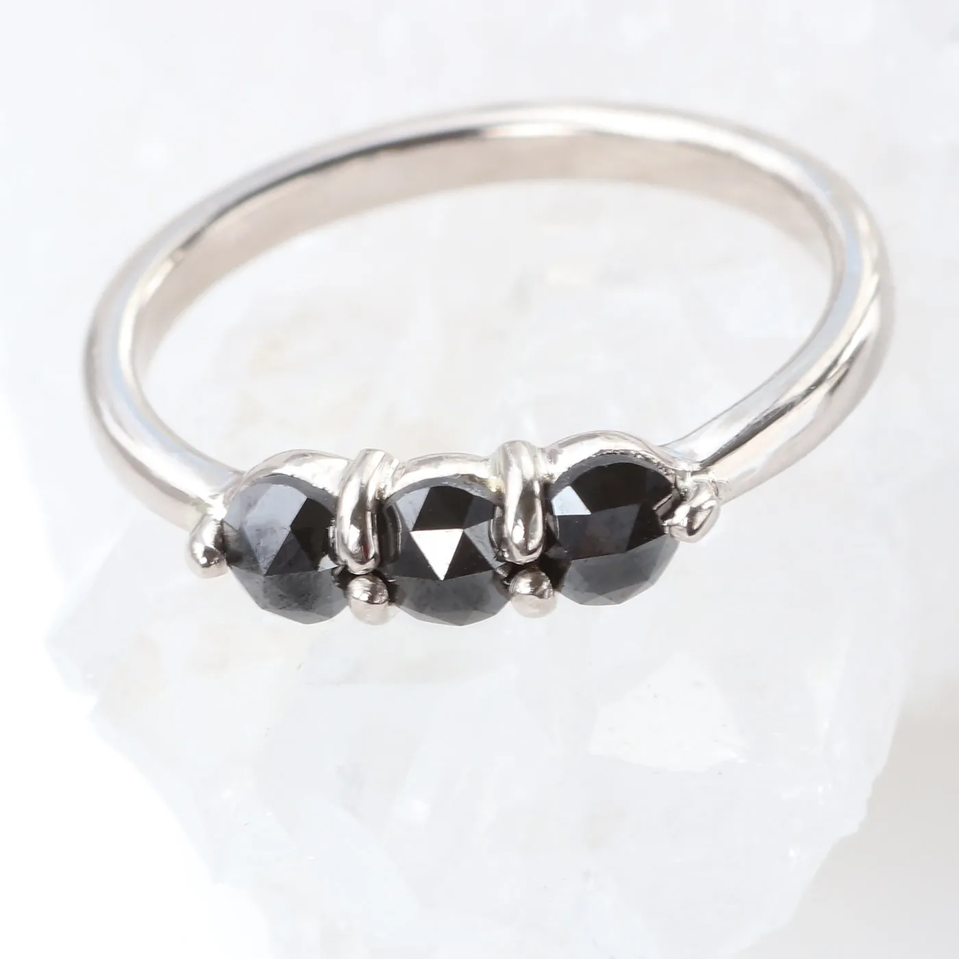 18ct White Gold Rose Cut Black Diamond Trilogy Ring