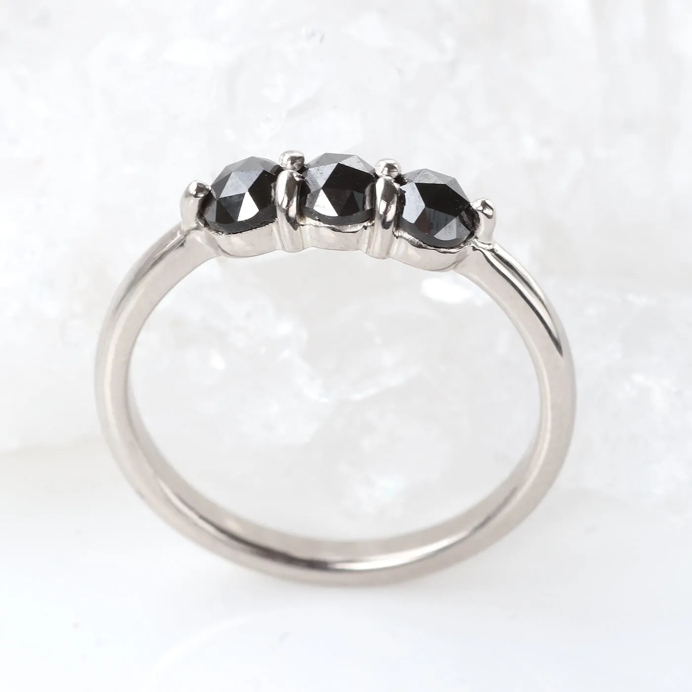 18ct White Gold Rose Cut Black Diamond Trilogy Ring
