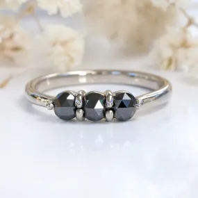 18ct White Gold Rose Cut Black Diamond Trilogy Ring