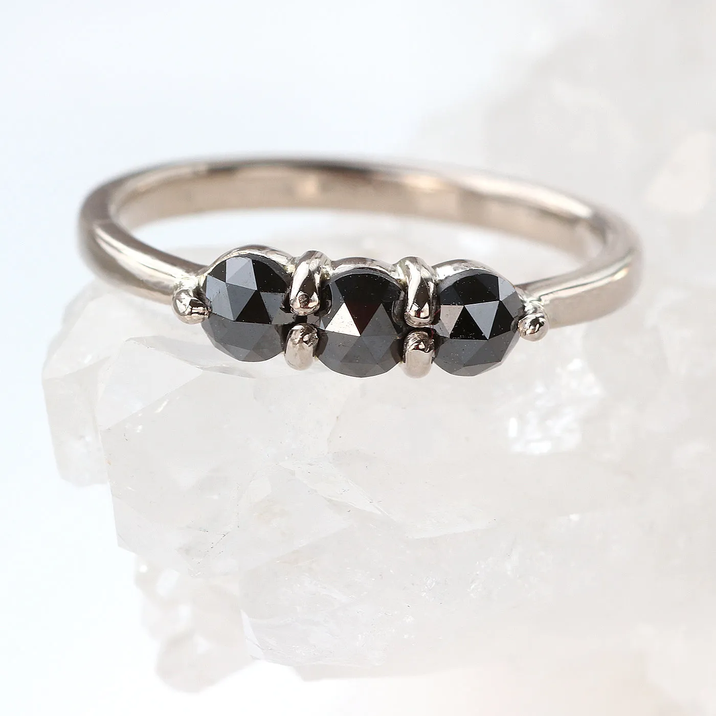 18ct White Gold Rose Cut Black Diamond Trilogy Ring