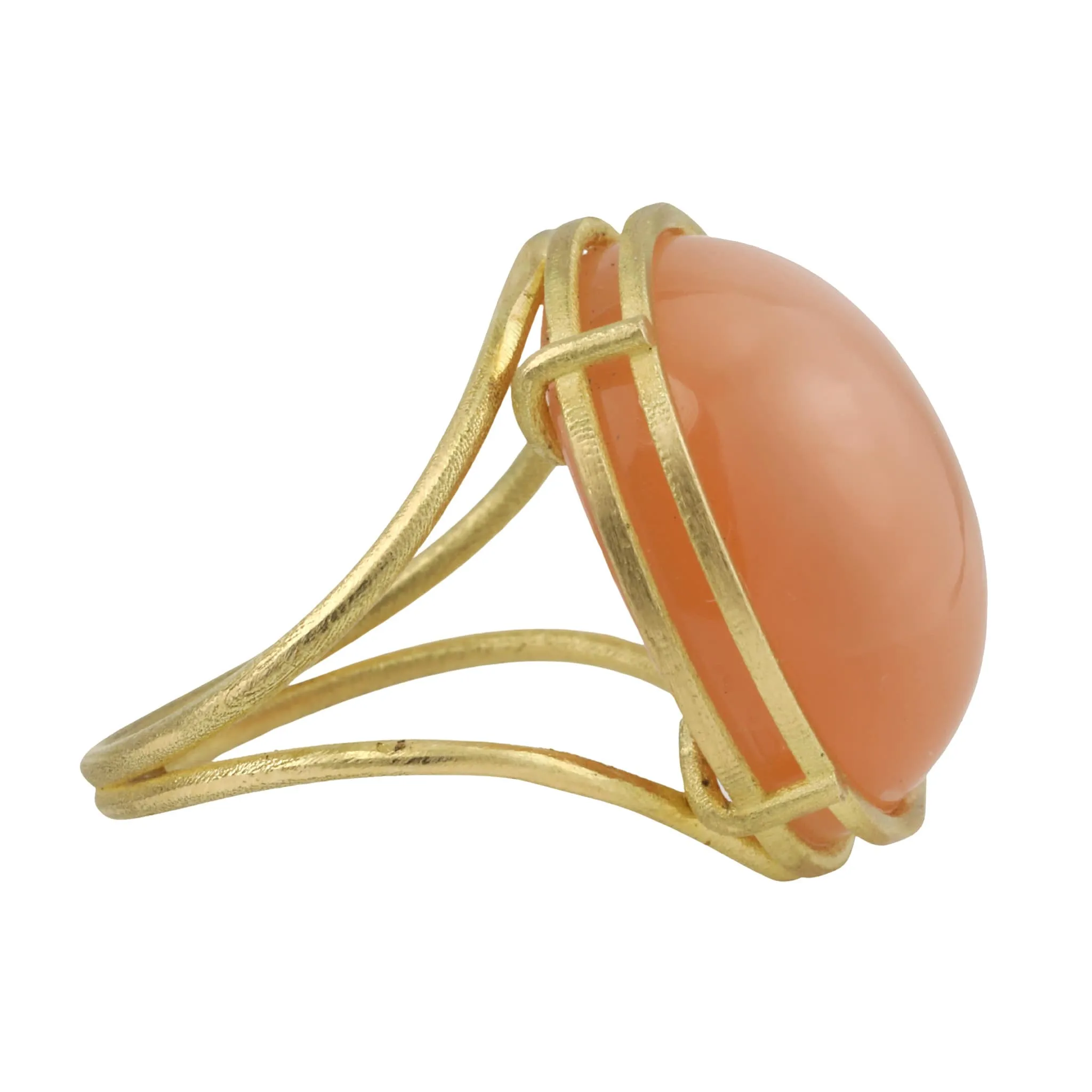 18K Gold and Cabochon Apricot Moonstone Ring in "Cage" Setting