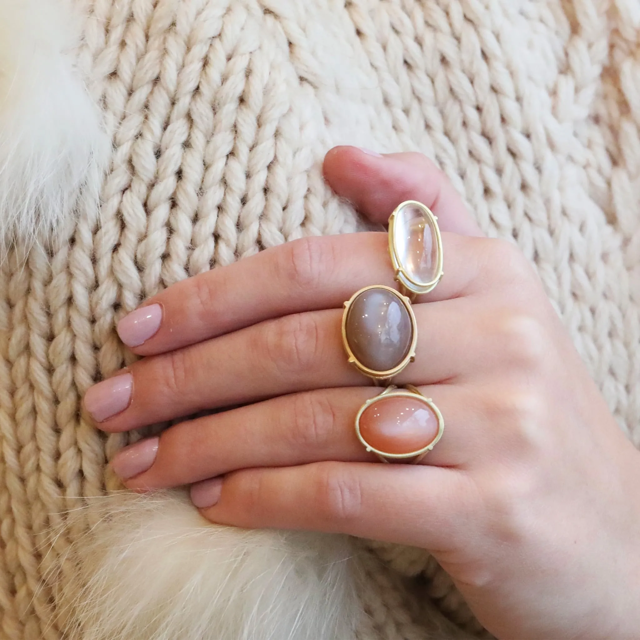 18K Gold and Cabochon Apricot Moonstone Ring in "Cage" Setting