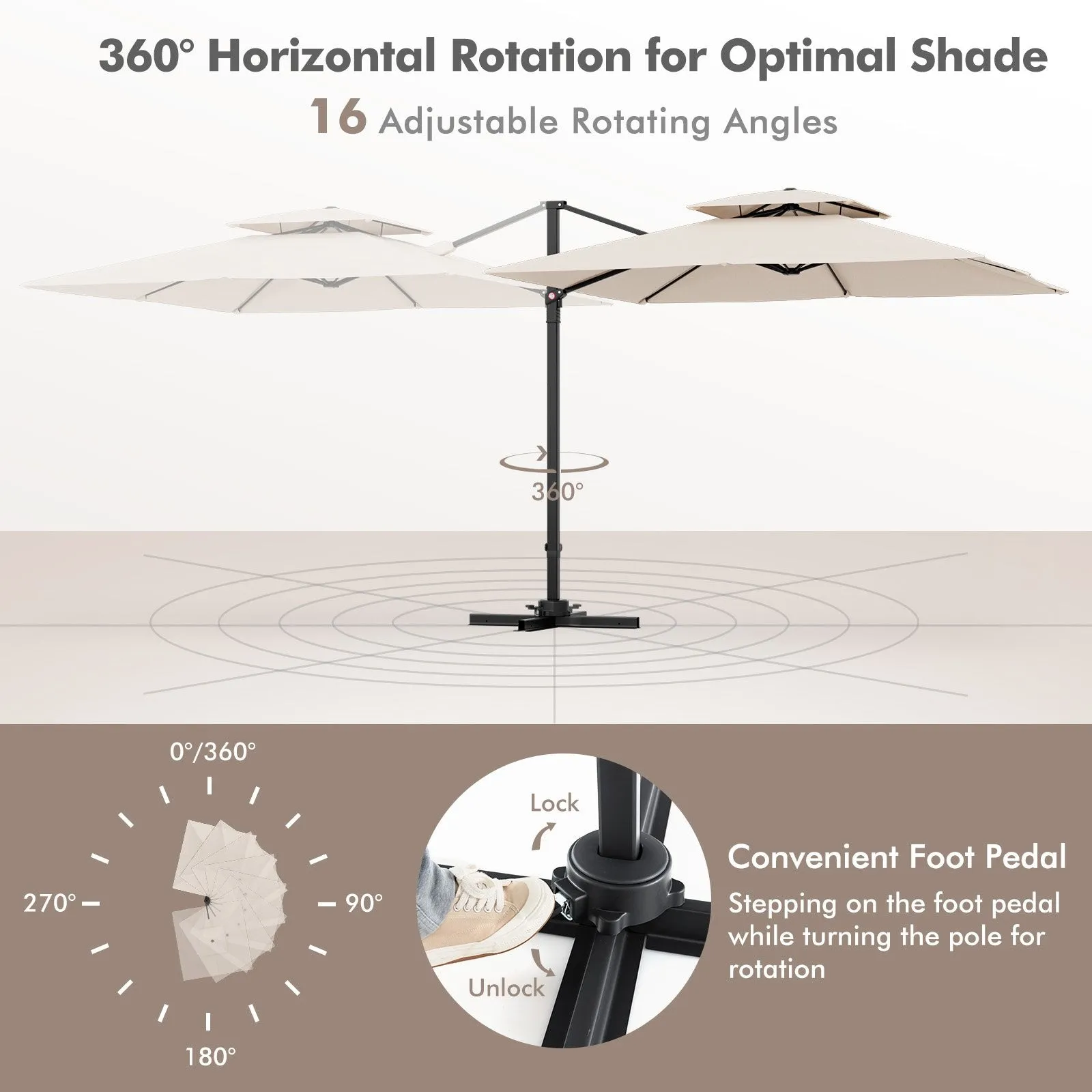 3M Square Cantilever Garden Parasol with 360° Rotation and Double Top-Beige