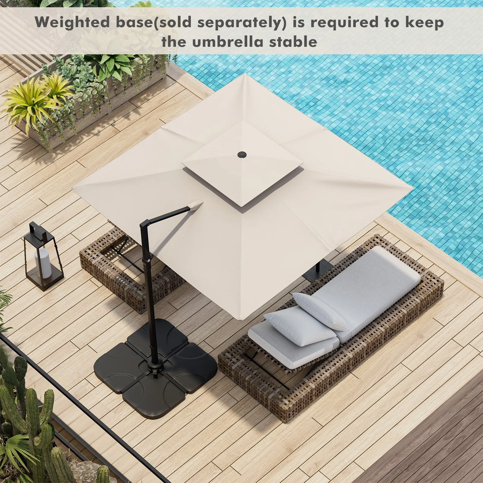 3M Square Cantilever Garden Parasol with 360° Rotation and Double Top-Beige