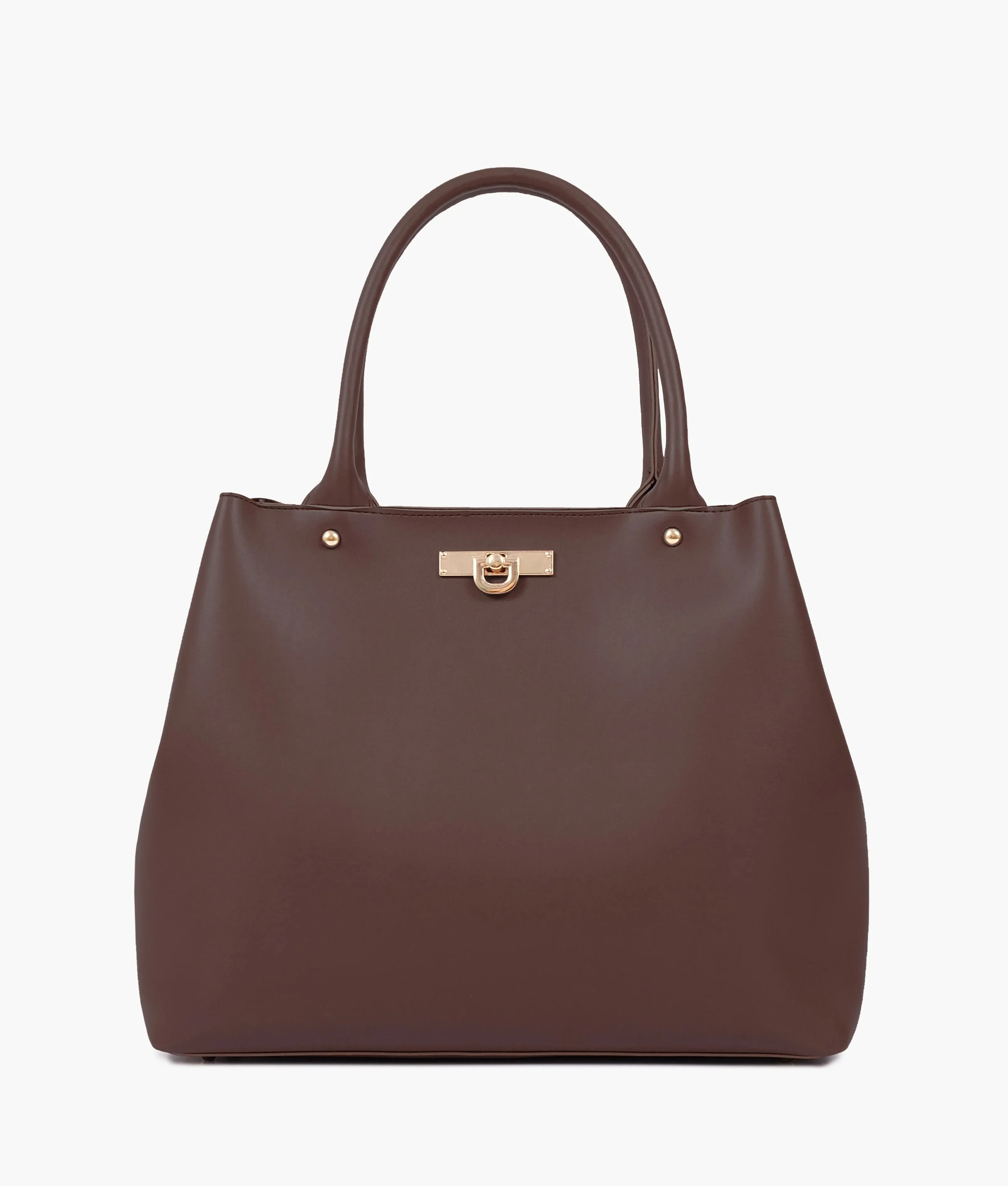 A dark brown tote bag with a zipper.