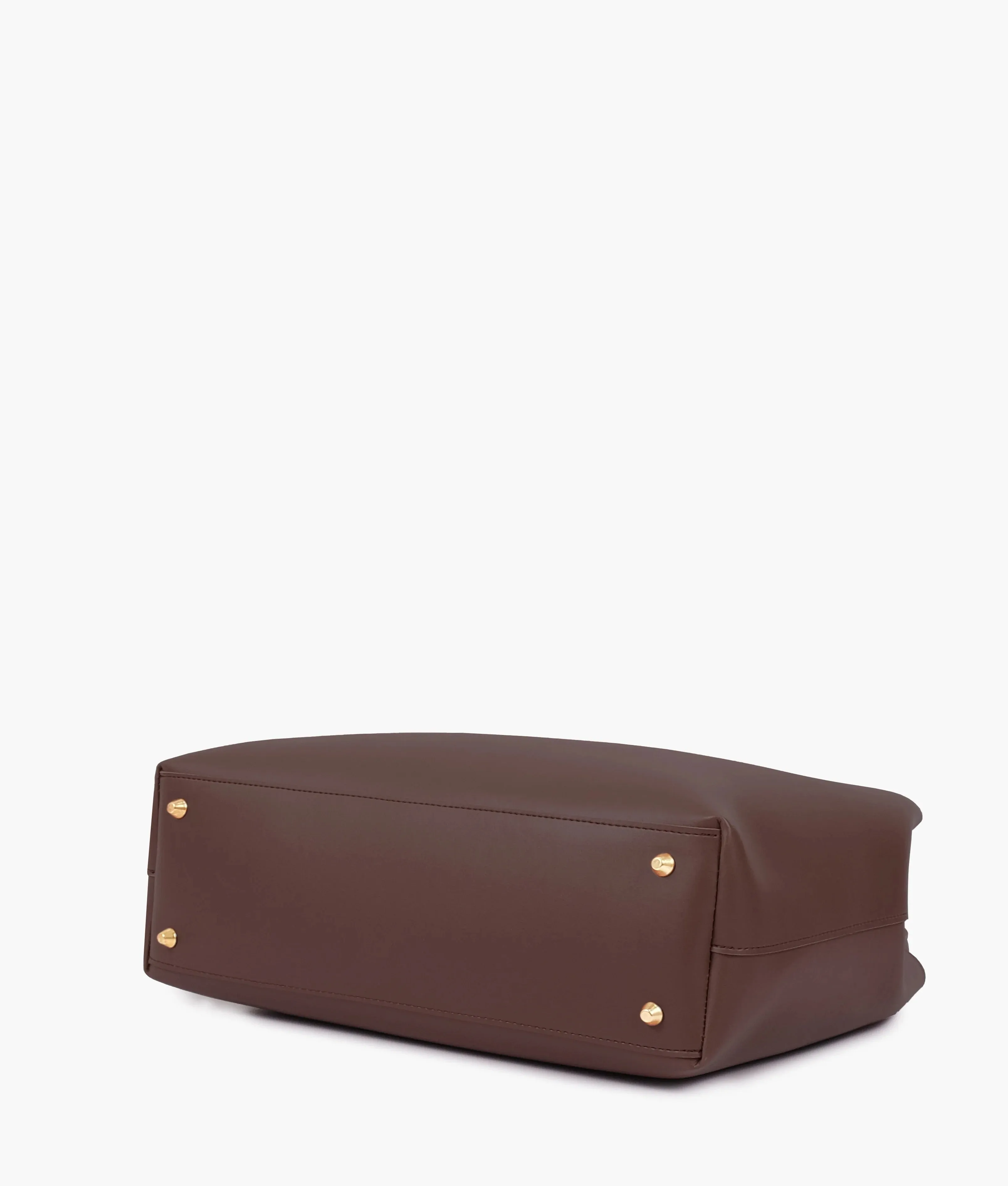 A dark brown tote bag with a zipper.