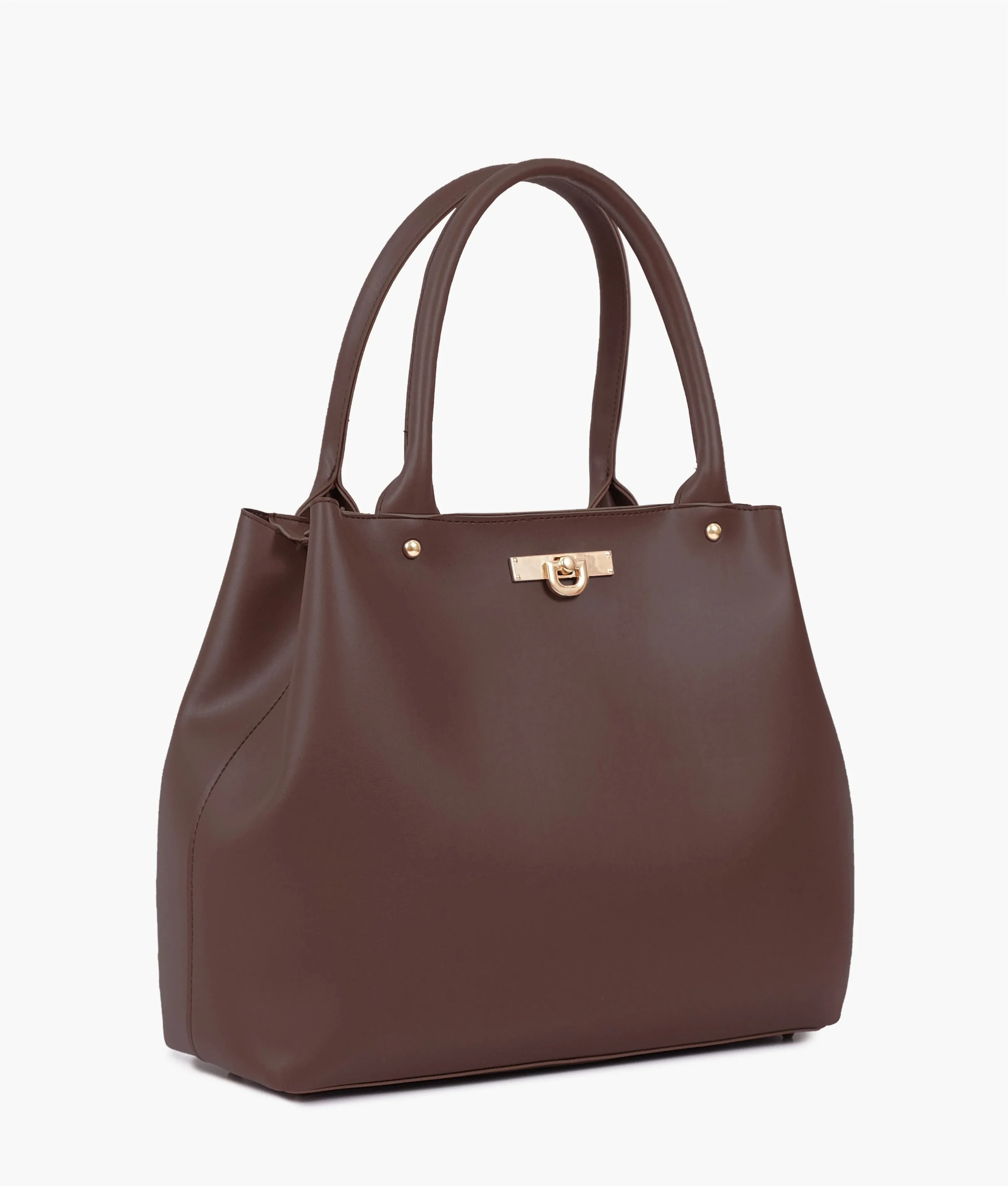 A dark brown tote bag with a zipper.