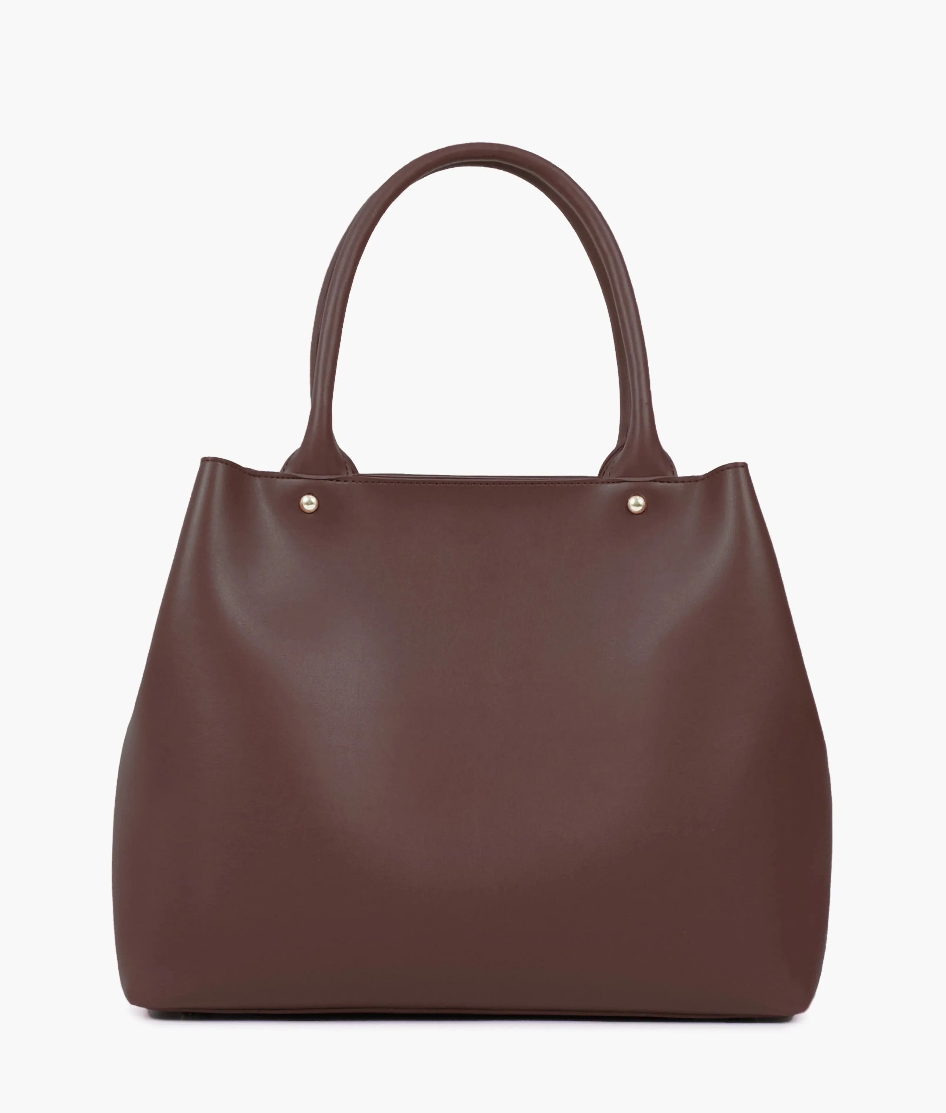 A dark brown tote bag with a zipper.