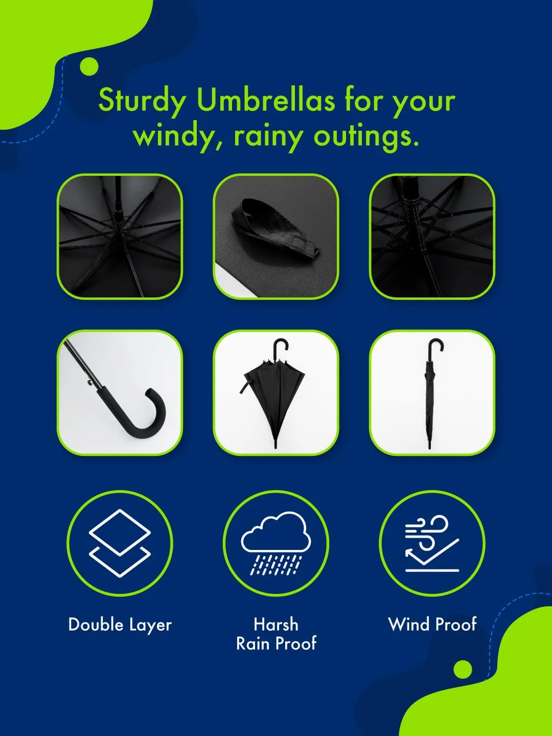 ABSORBIA Unisex Straight Umbrella Black and 3X Folding Umbrella Black (Pack of 2), For Rain & Sun Protection and also windproof | Double Layer Folding Portable Umbrella with Cover