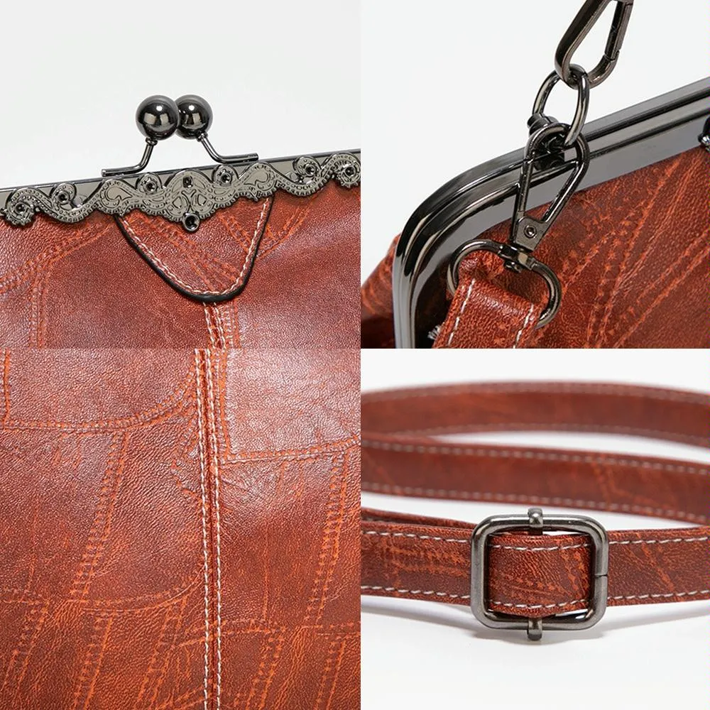 Adjustable Leather Crossbody Bag with Vintage Buckle - Black