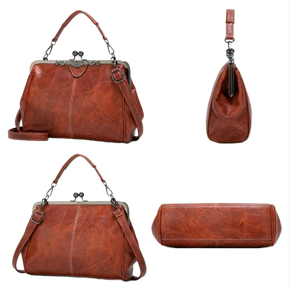 Adjustable Leather Crossbody Bag with Vintage Buckle - Black