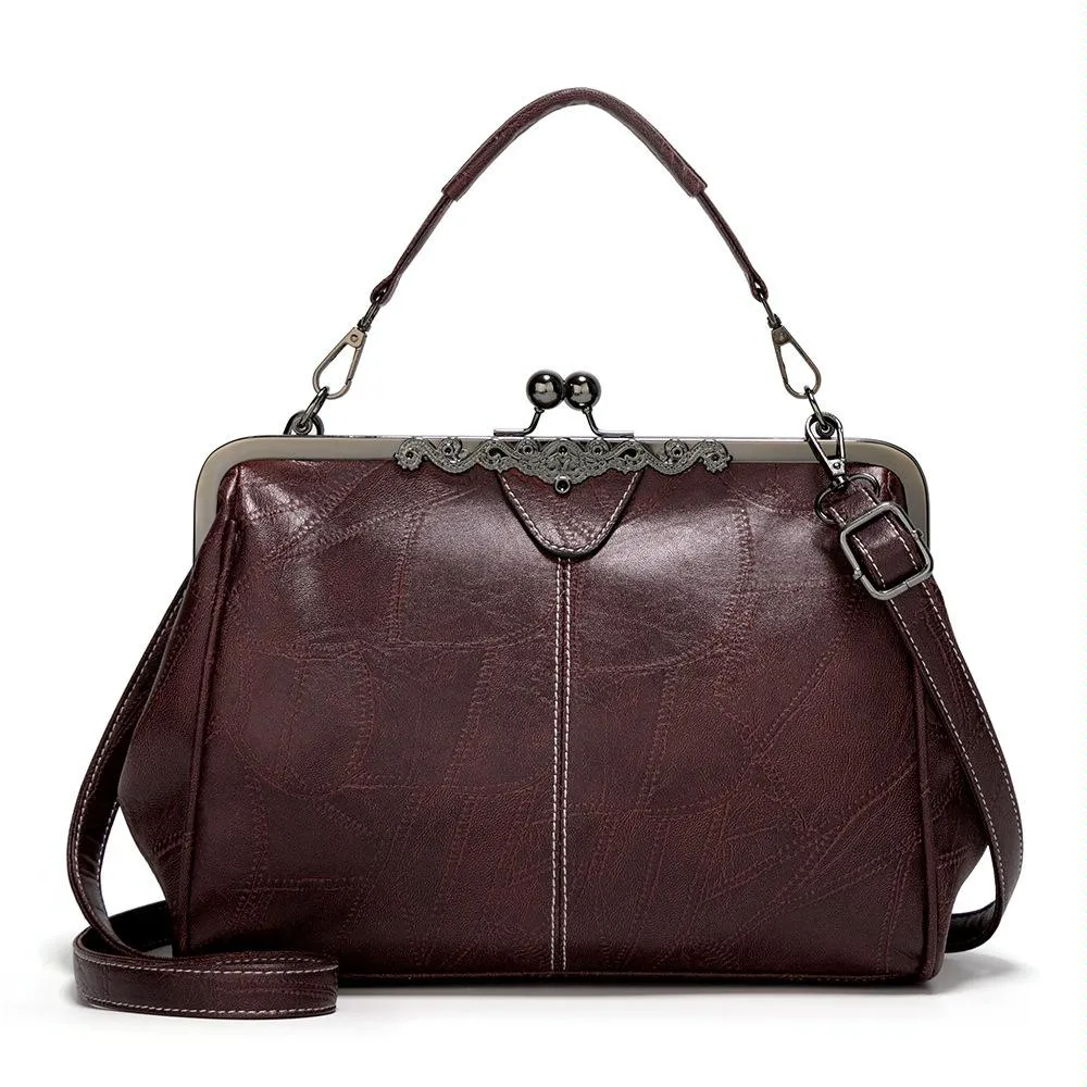 Adjustable Leather Crossbody Bag with Vintage Buckle - Black