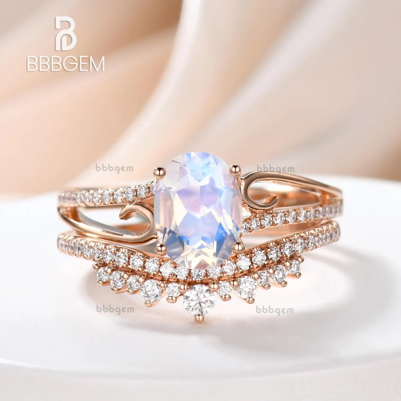 Art Deco Moonstone Engagement Ring Set Curved Diamond Split Shank Band Antique Crown Matching Band