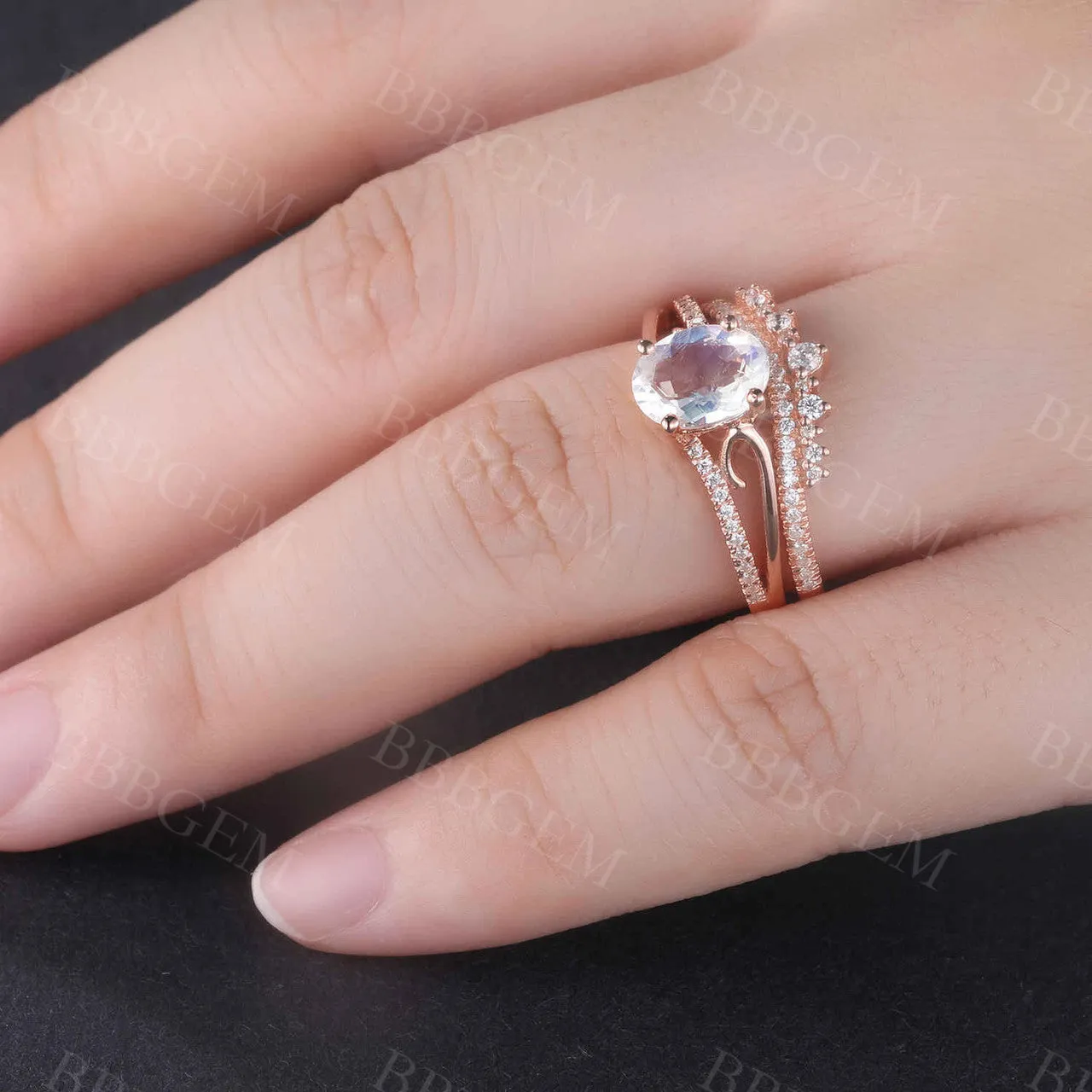 Art Deco Moonstone Engagement Ring Set Curved Diamond Split Shank Band Antique Crown Matching Band