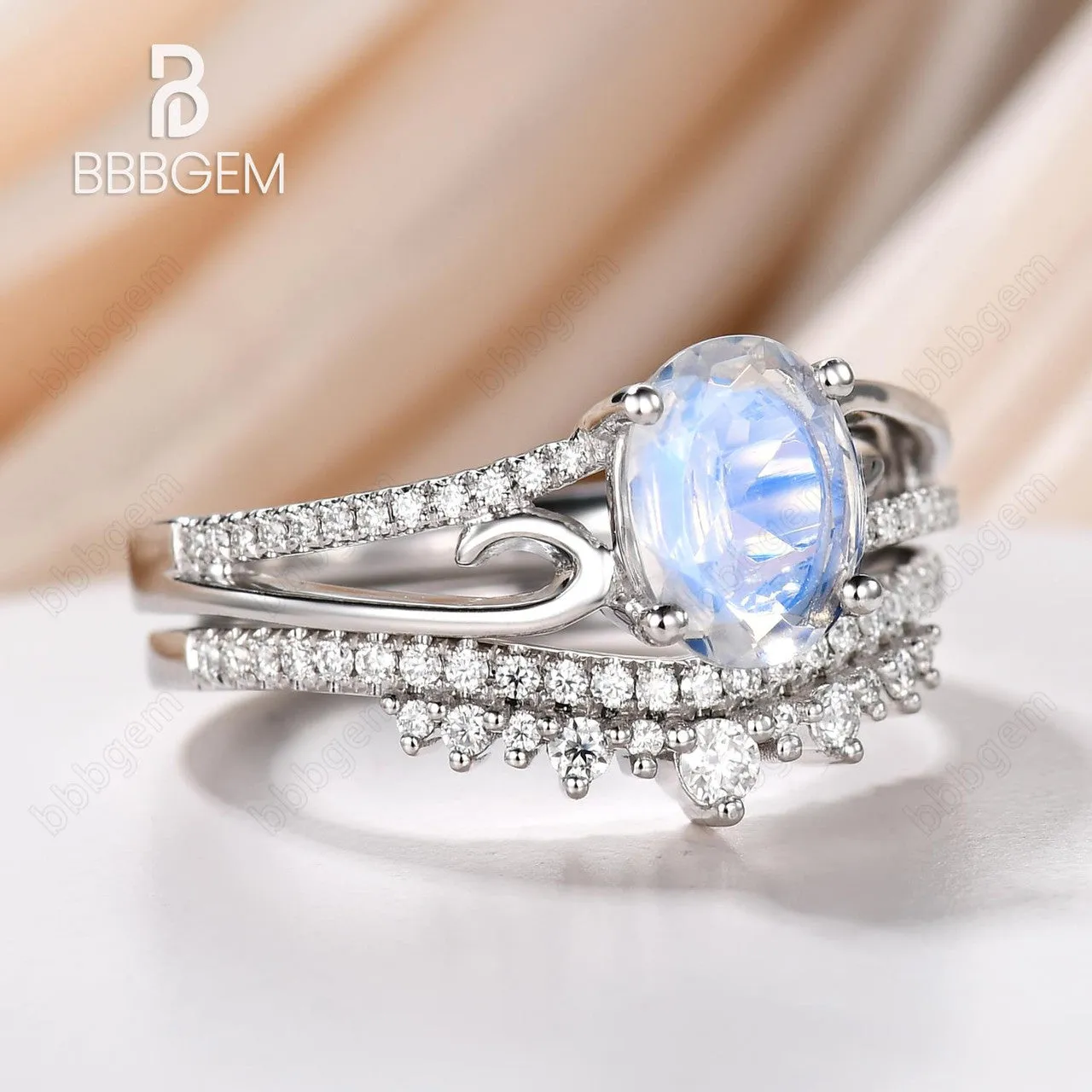 Art Deco Moonstone Engagement Ring Set Curved Diamond Split Shank Band Antique Crown Matching Band