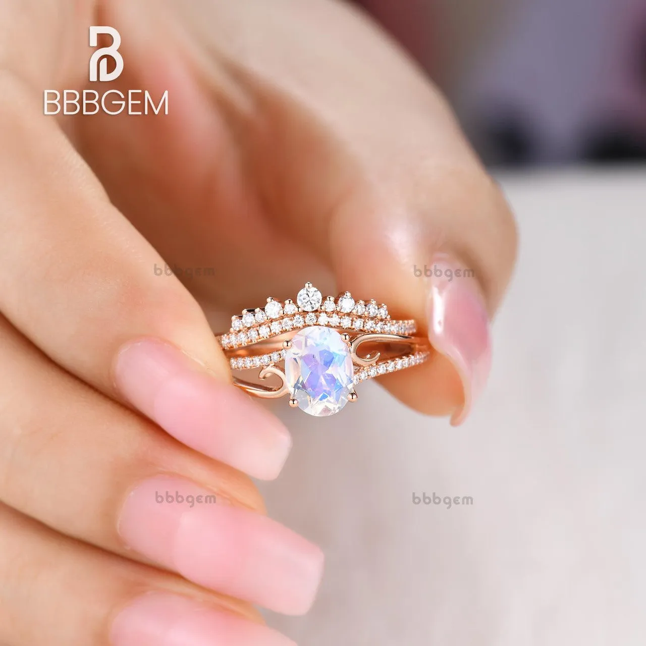 Art Deco Moonstone Engagement Ring Set Curved Diamond Split Shank Band Antique Crown Matching Band
