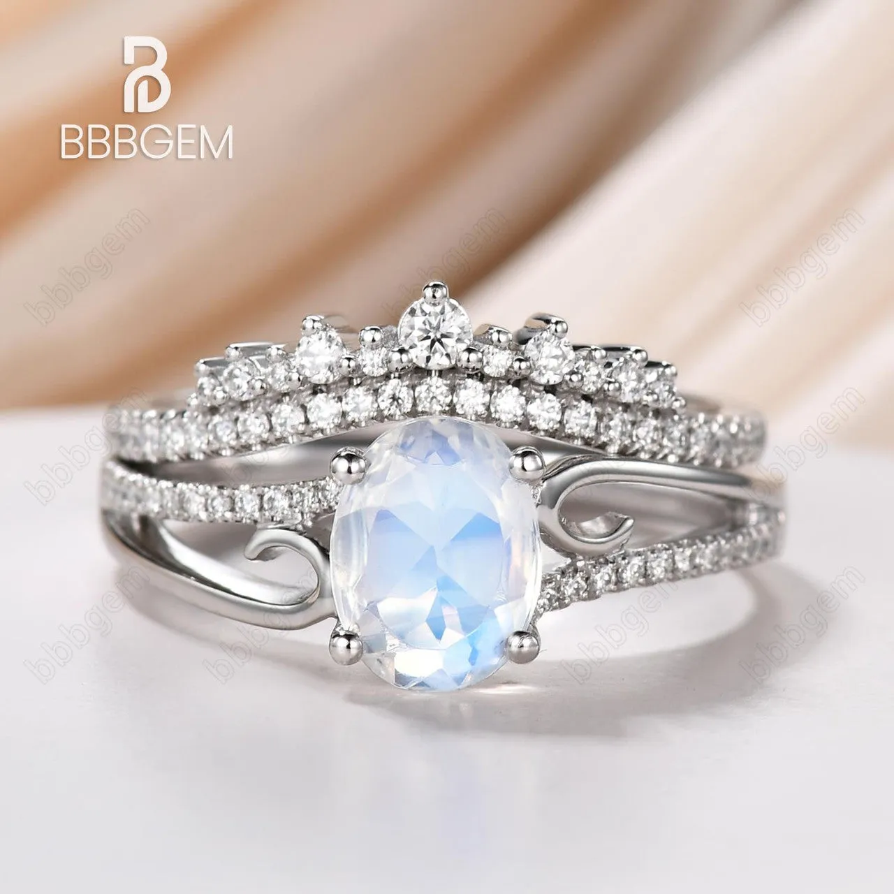 Art Deco Moonstone Engagement Ring Set Curved Diamond Split Shank Band Antique Crown Matching Band