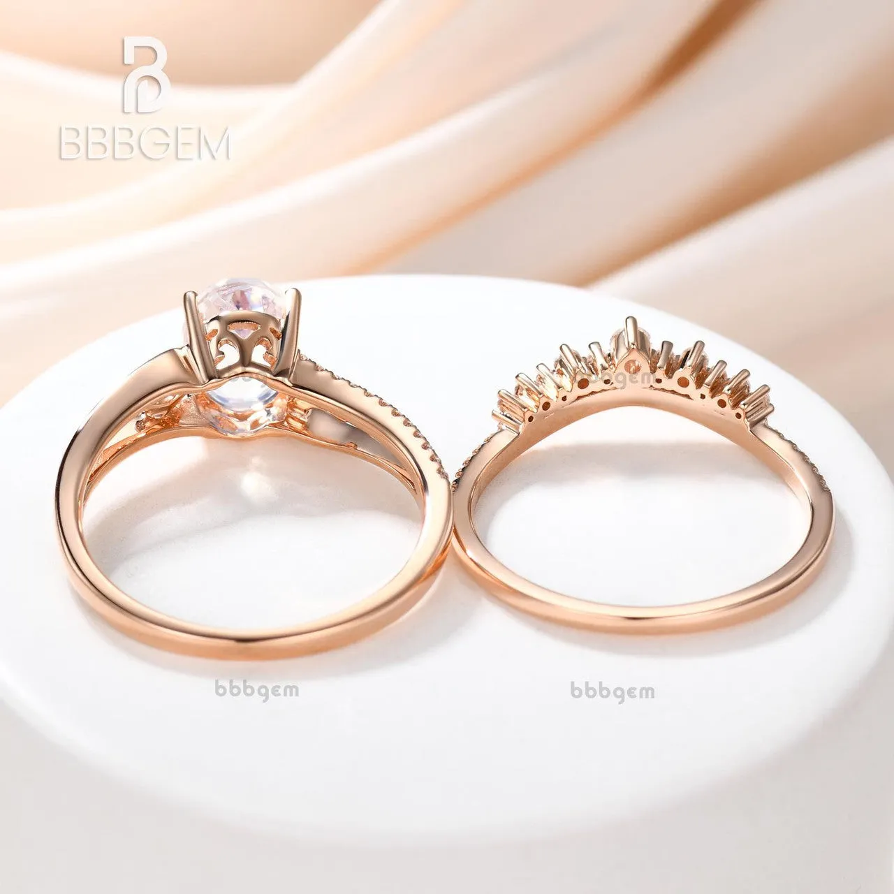 Art Deco Moonstone Engagement Ring Set Curved Diamond Split Shank Band Antique Crown Matching Band