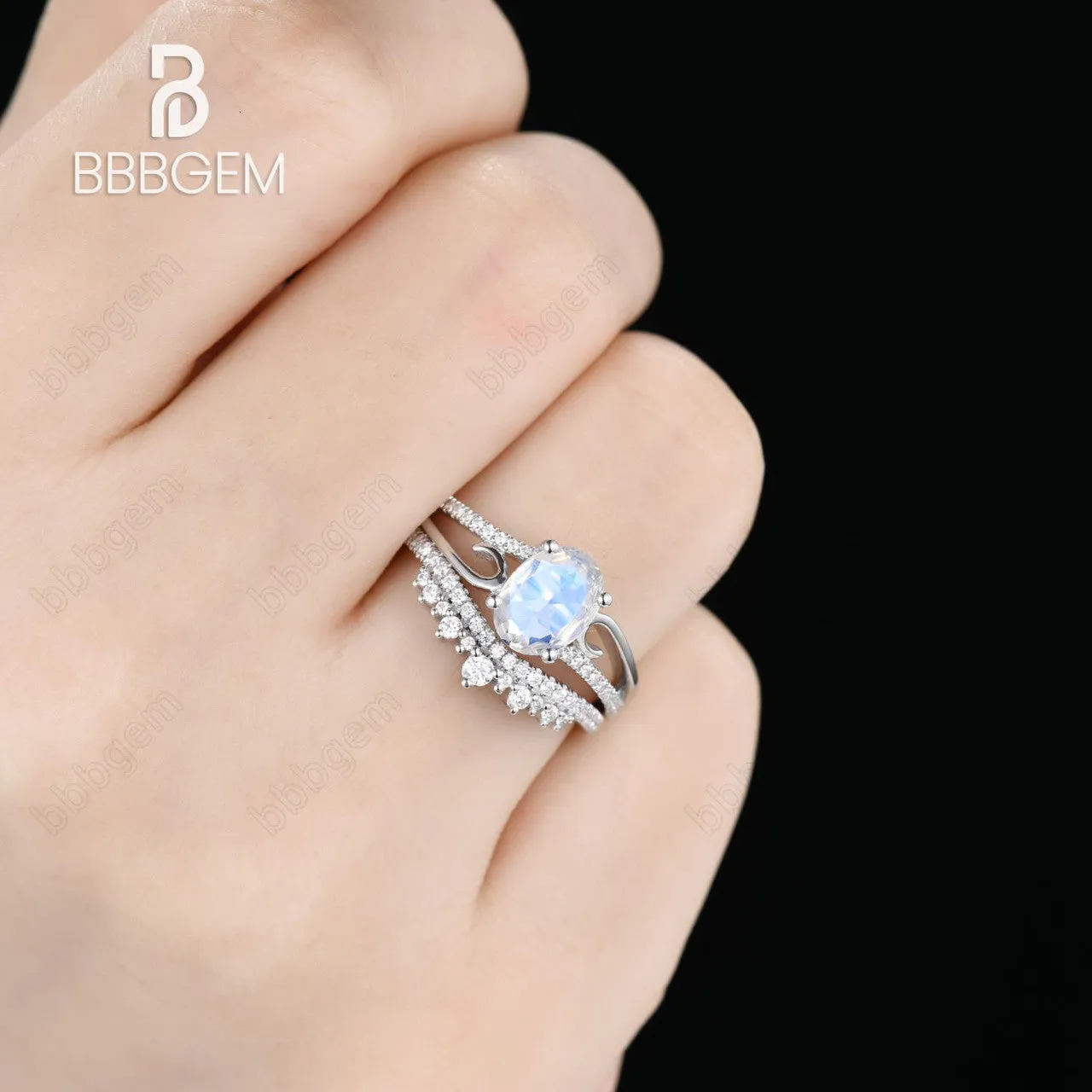Art Deco Moonstone Engagement Ring Set Curved Diamond Split Shank Band Antique Crown Matching Band