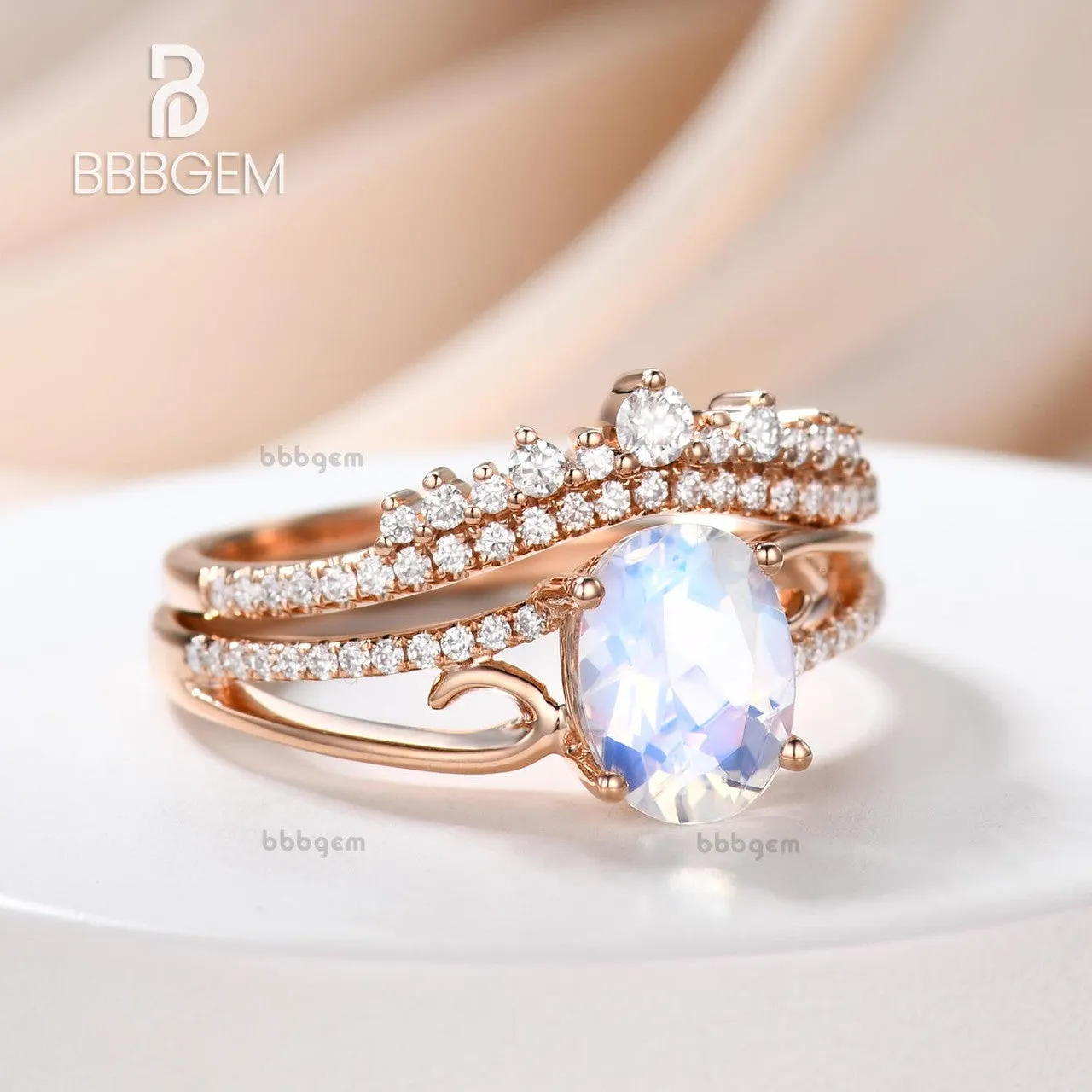 Art Deco Moonstone Engagement Ring Set Curved Diamond Split Shank Band Antique Crown Matching Band
