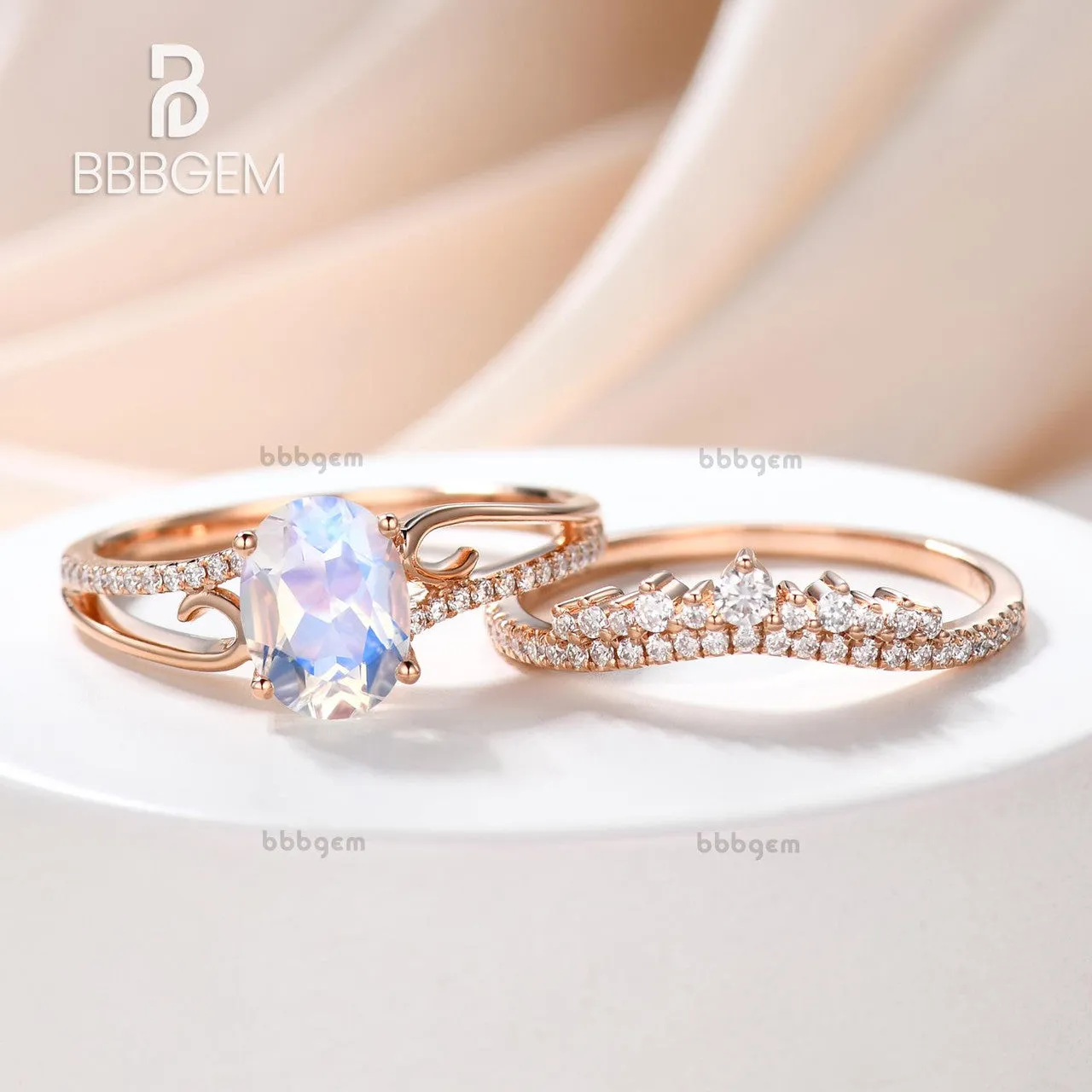 Art Deco Moonstone Engagement Ring Set Curved Diamond Split Shank Band Antique Crown Matching Band