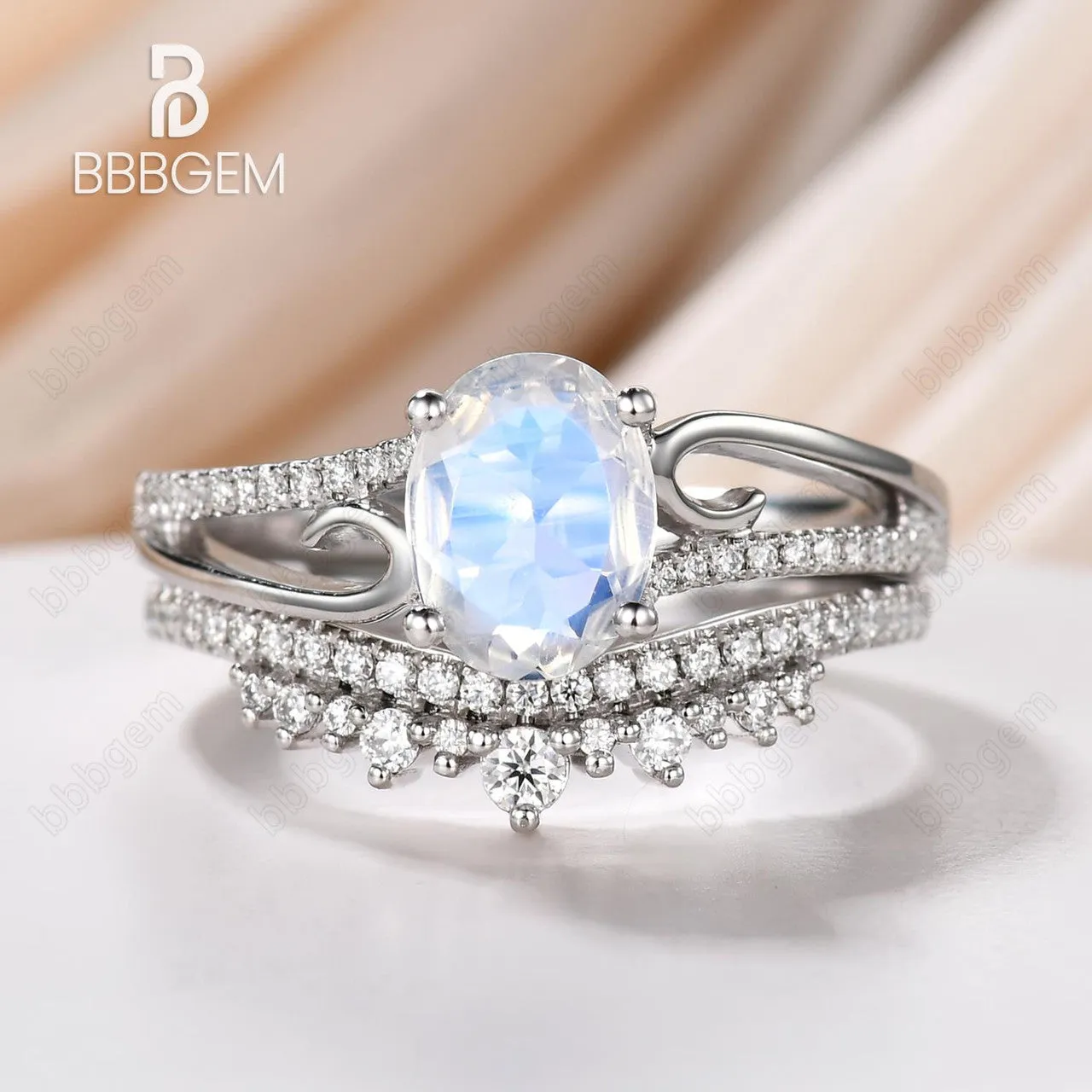 Art Deco Moonstone Engagement Ring Set Curved Diamond Split Shank Band Antique Crown Matching Band