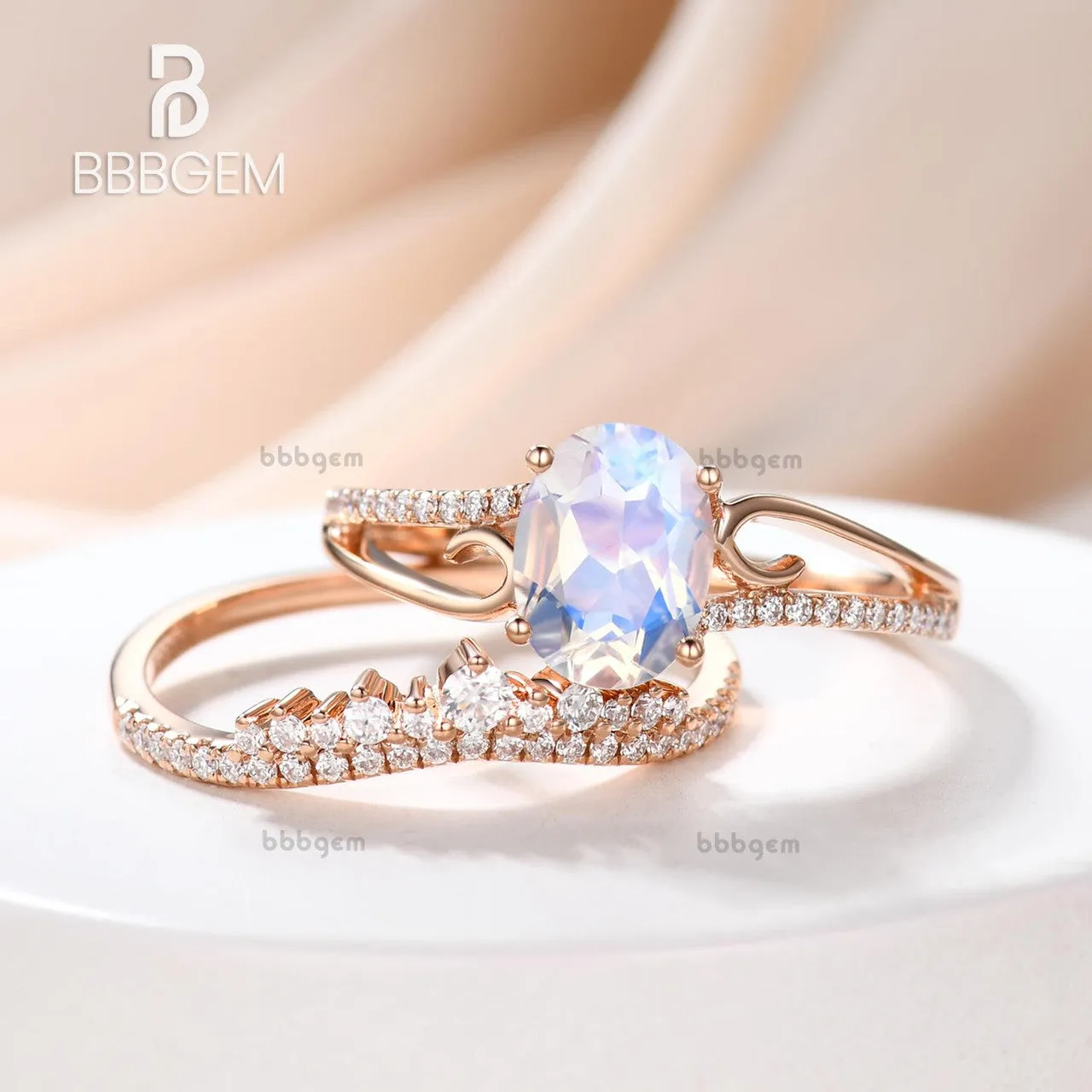 Art Deco Moonstone Engagement Ring Set Curved Diamond Split Shank Band Antique Crown Matching Band