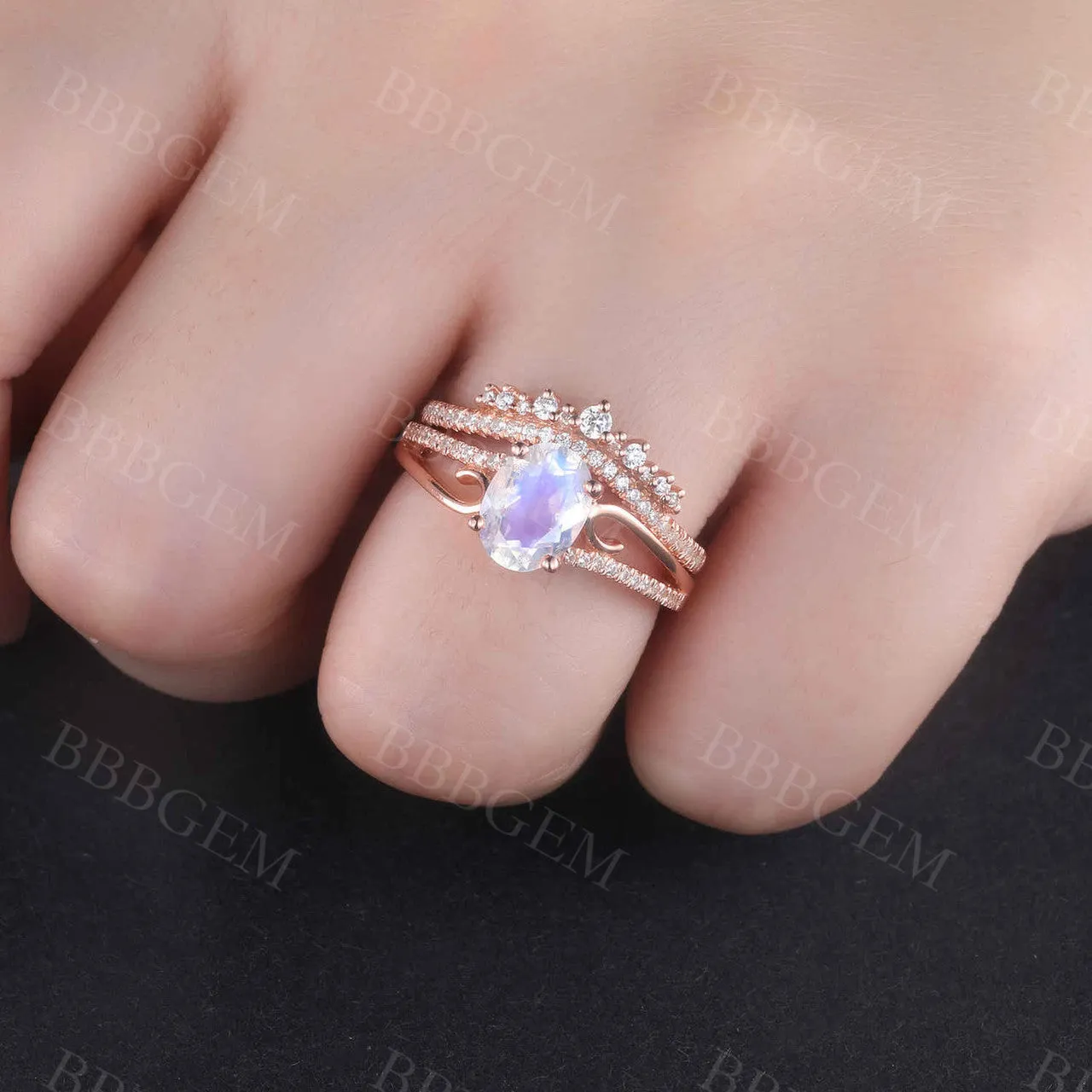Art Deco Moonstone Engagement Ring Set Curved Diamond Split Shank Band Antique Crown Matching Band